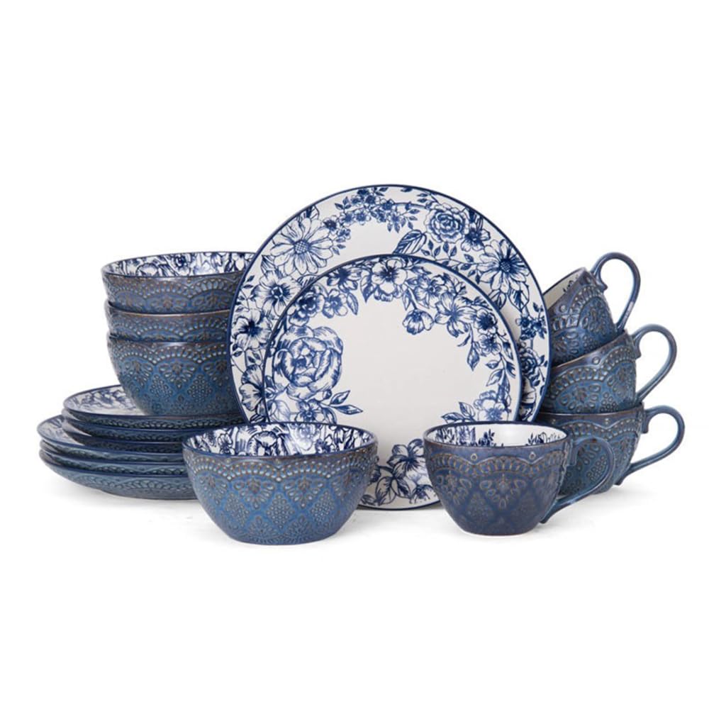 IHIPPO 16-Piece Stoneware Dinnerware Set - Blue Round Plates & Bowls, Microwave & Dishwasher Safe for 4 People - Perfect for Family Dinners, Daily Meals & Entertaining Guests