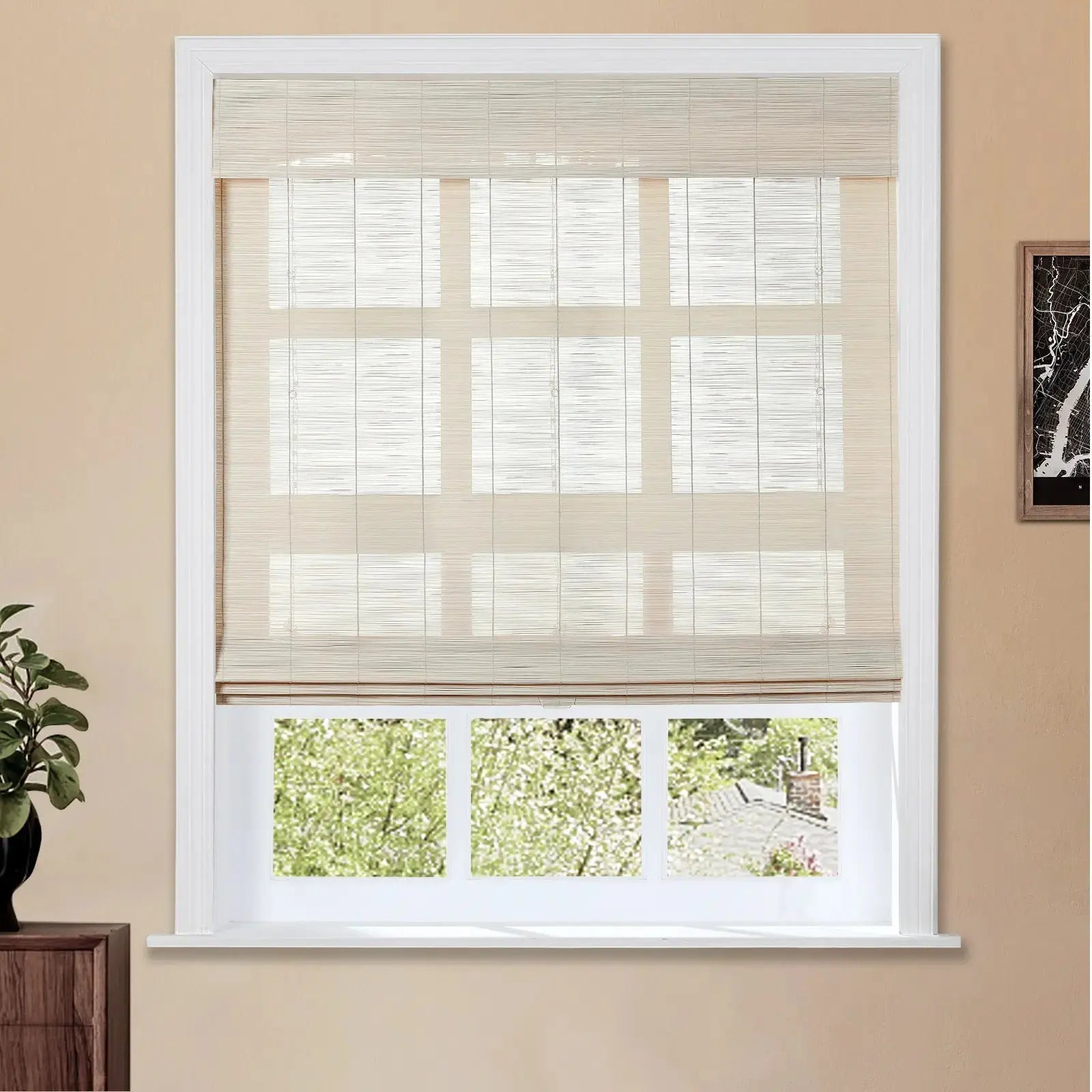 Sybil Bamboo Roman Shade Cord Lift - Natural Wood Window Blinds for Home & Office - Perfect for Living Room, Bedroom, and Kitchen Privacy