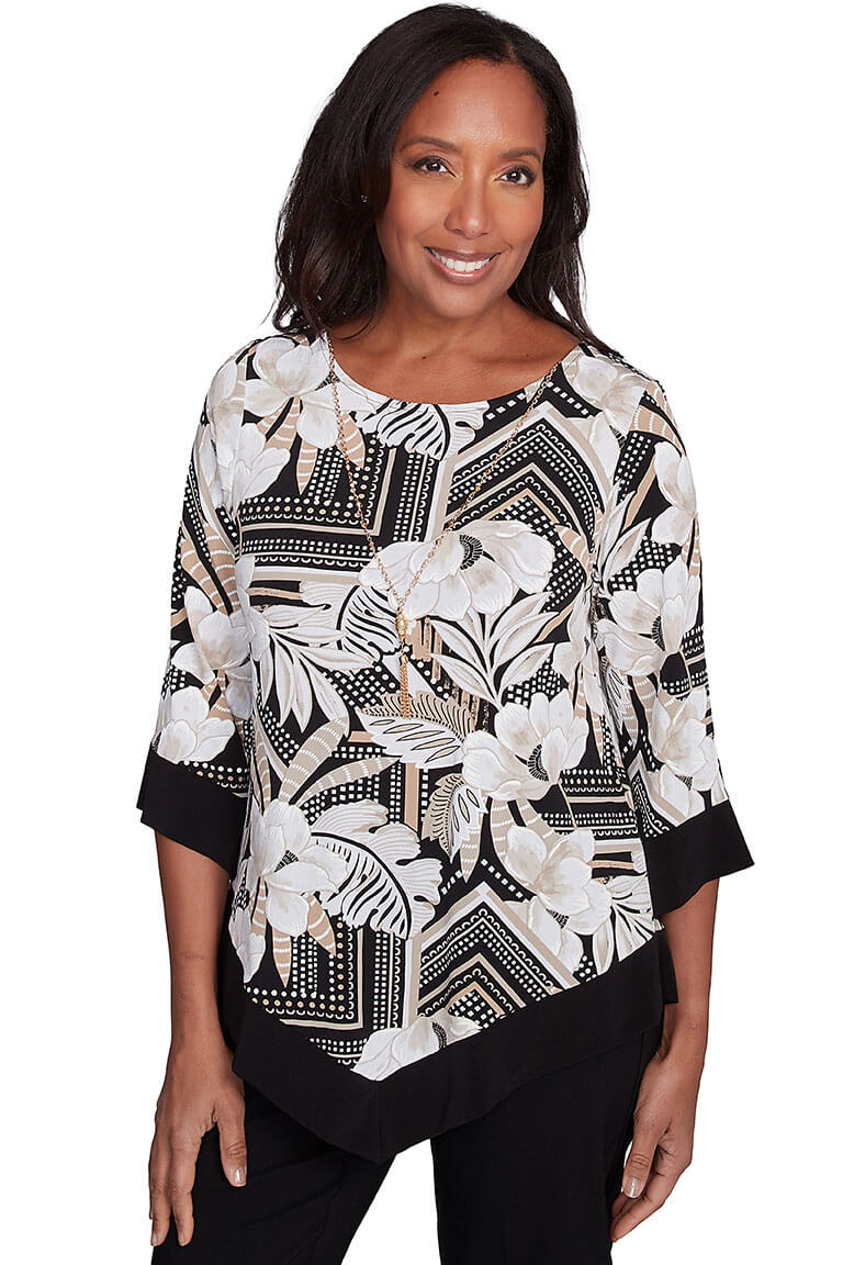 Elegant Gardenia Puff Print Necklace Top for Women - Floral Fashion Blouse for Casual Wear & Summer Outfits