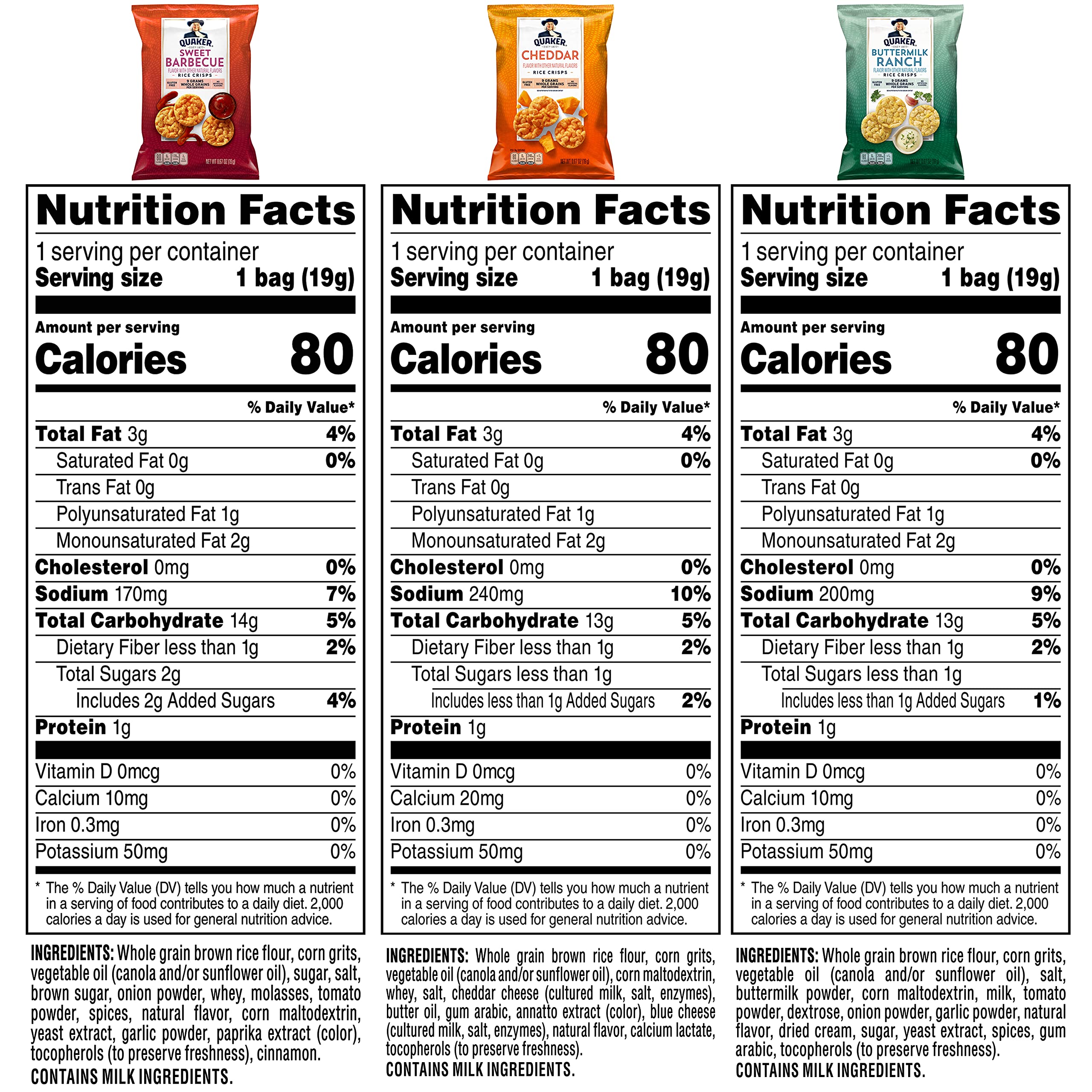 Quaker Gluten Free Rice Crisps - 3 Flavor Savory Variety Pack (Pack of 30, 0.67oz Single Serve Bags, 20.1oz Total) - Perfect for Snacking, Lunch Boxes & On-The-Go