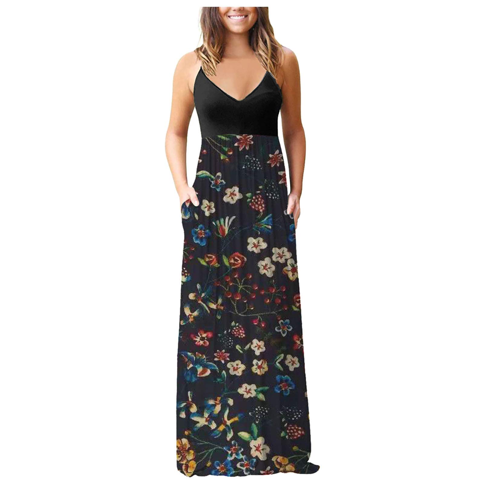 Sexy Sling V Neck Long Boho Dress for Women - Summer Casual Sleeveless High Waist Pleated Dress with Pockets | Perfect for Beach Vacations, Date Nights & Boho Chic Outfits