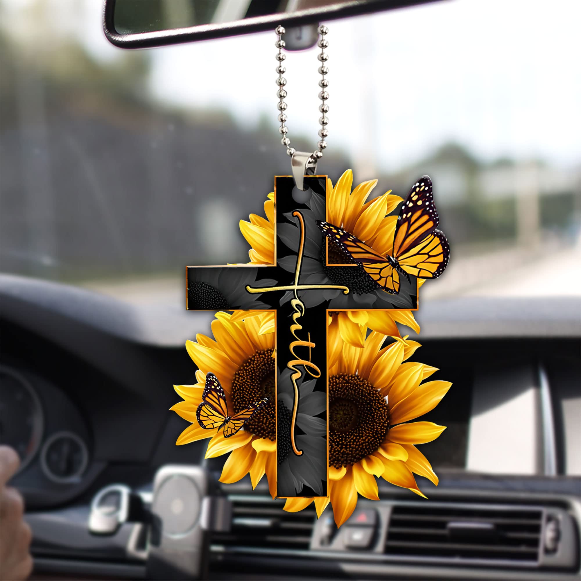 Faith Sunflower God Jesus Cross Christian Butterfly 2D Flat Car Rearview Mirror Pendant - Religious Car Accessory Decor for Christmas Tree Ornament, Interior Hanging Charm - Perfect Gift for Christian Believers & Car Enthusiasts