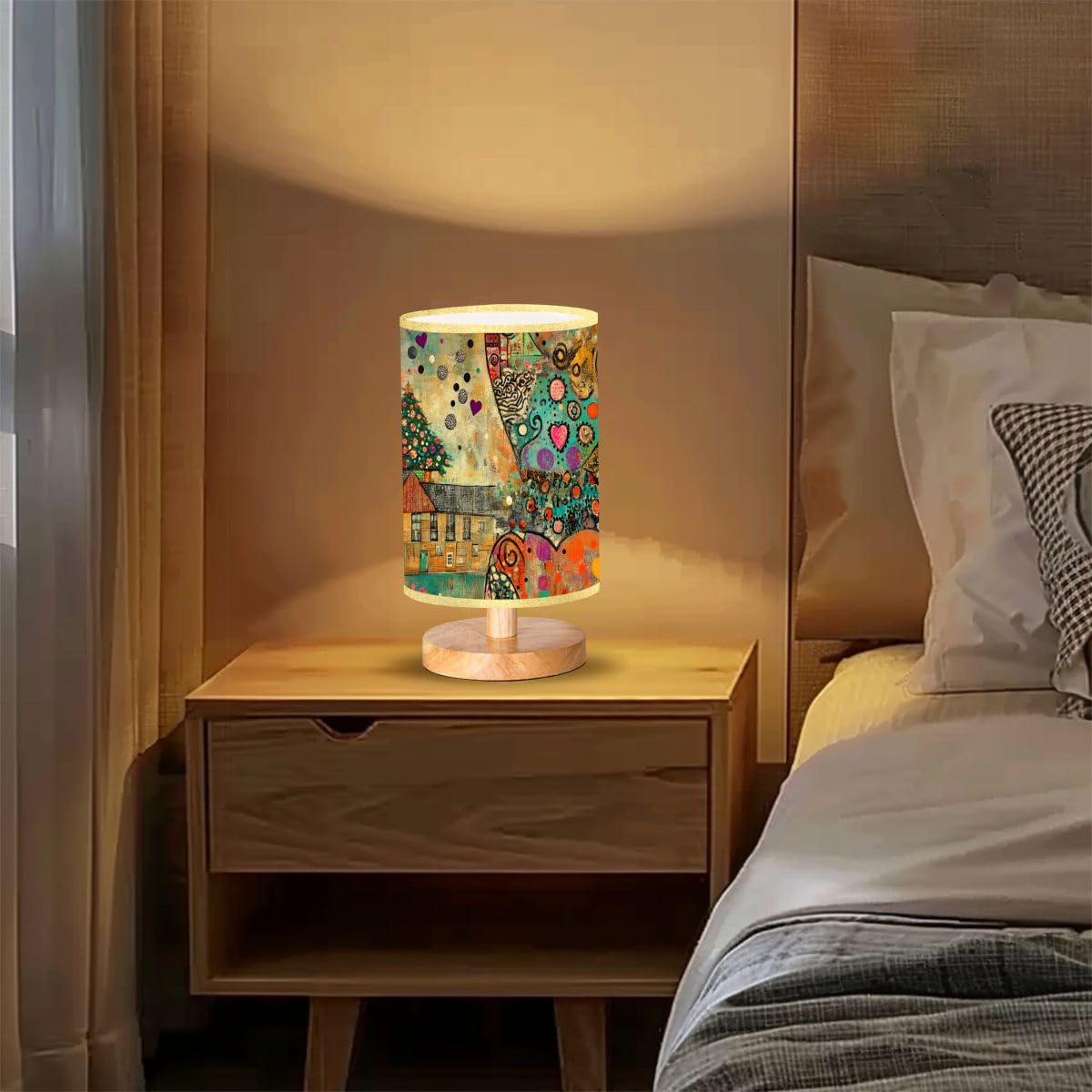 Farmhouse Table Lamp with Geometric Patterns & Linen Shade - Dimmable Bedside Nightstand Lamp for Bedroom, Living Room & Office - Rustic Wood Base Home Decor Gift Idea
