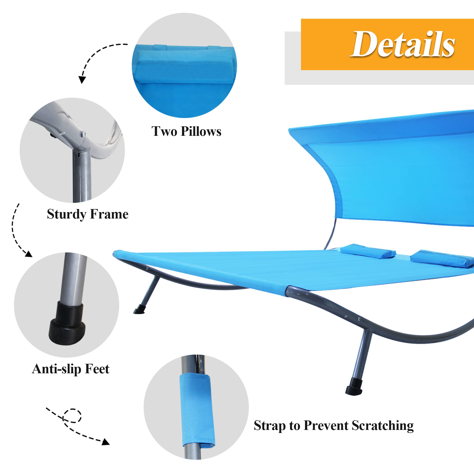 Outdoor Double Chaise Lounge Bed with Canopy & Headrest Pillow - Portable Patio Daybed with Wheels for Deck, Garden, Poolside, Sunroom & Indoor Use - Perfect for Relaxing, Sunbathing & Lounging (Blue)