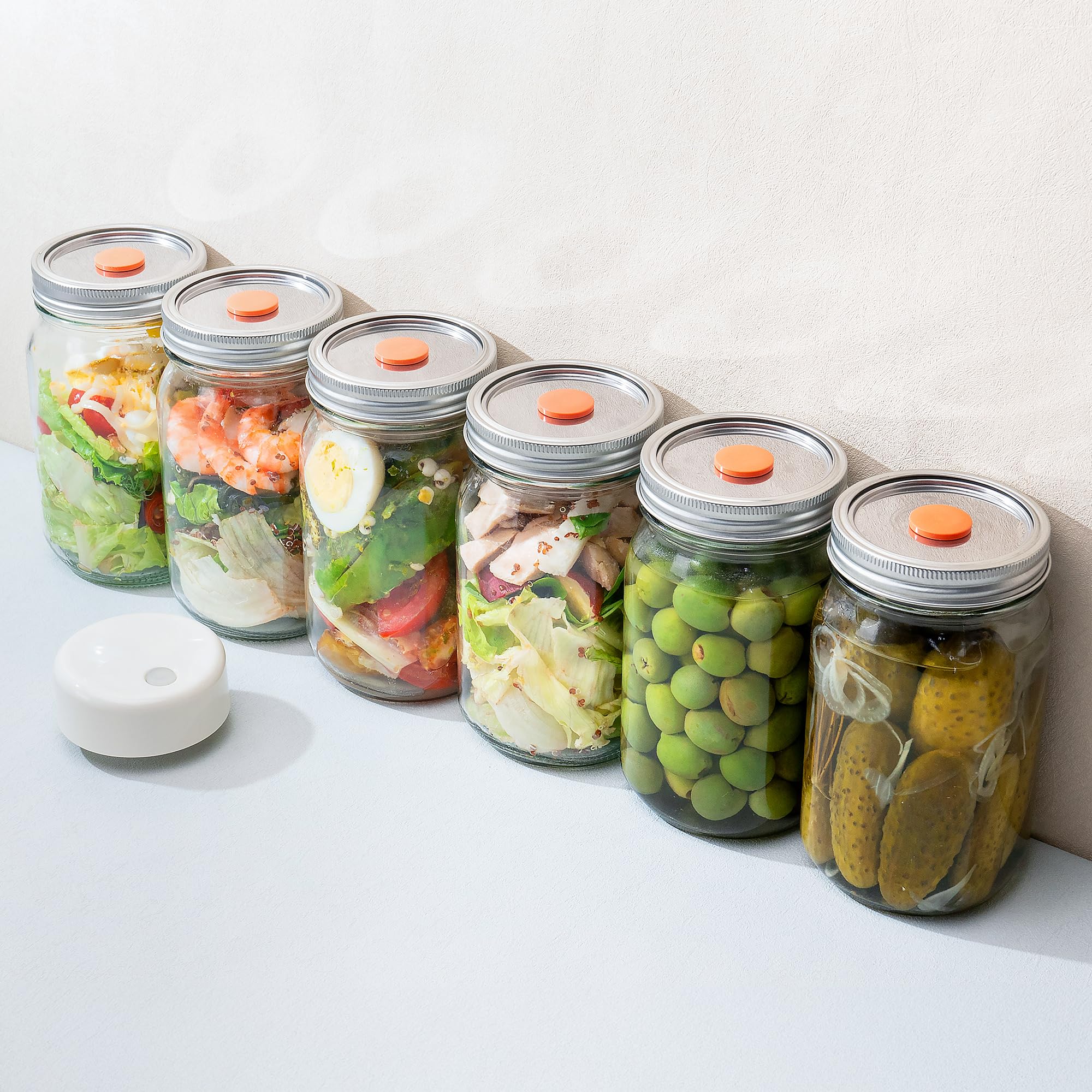 SealVax® Mason Jar Vacuum Sealer Kit - 6 Wide-Mouth Glass Jars (6x32oz) with Reusable Stainless Steel Lids & Airtight Valve System - No Opener Needed - Perfect for Food Storage, Meal Prep, Canning, and Preserving Freshness