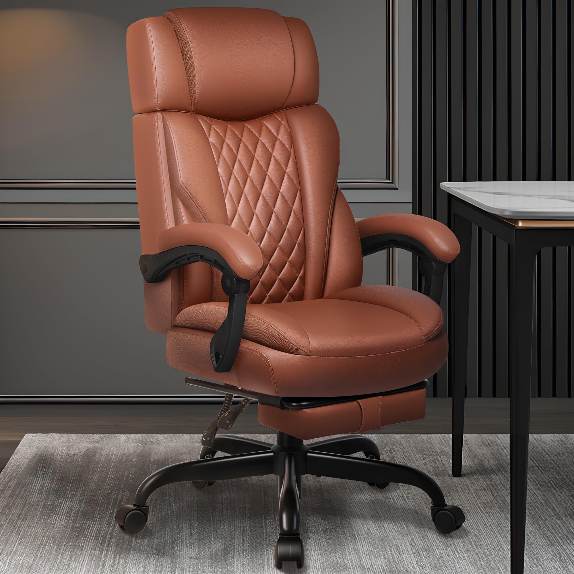 Premium Executive Leather Office Chair - Big & Tall Ergonomic Desk Chair with Adjustable Lumbar Support, Footrest & Reclining Function - Perfect for Home Office, Gaming & Professional Workspaces