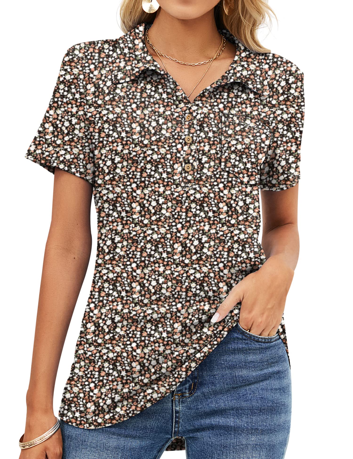 TFSDOD Women's Short Sleeve Polo Shirt - V-Neck Business Casual Button Down Tunic Top with Pocket | Office Wear & Professional Work Attire | Perfect for Business Meetings, Office Work, and Smart Casual Outfits