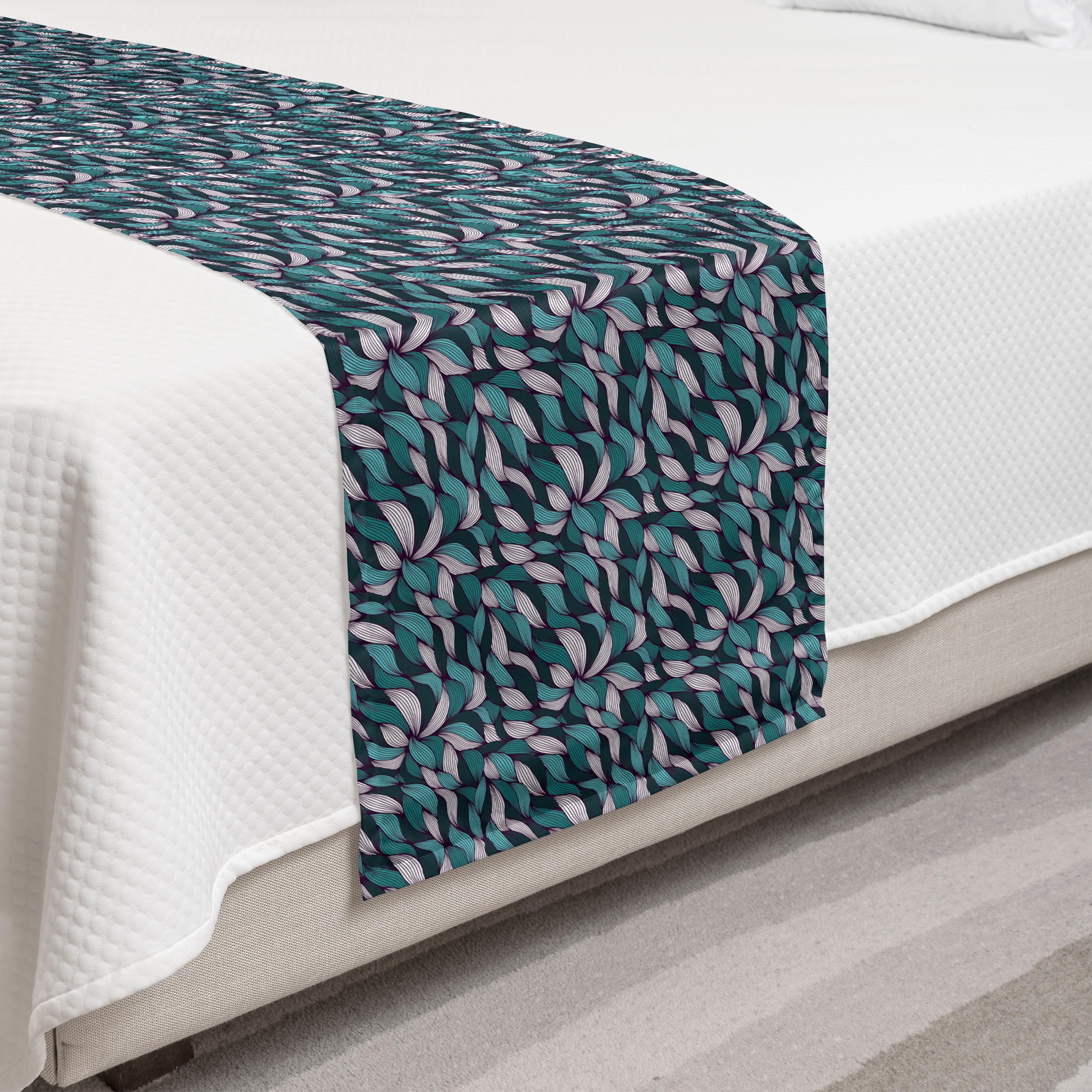 Ambesonne Abstract Bed Runner - Modern Joining Lines & Tangled Curly Pattern - Decorative Bed Scarf for Queen King Beds - Teal Violet White Design - Perfect for Hotels, Homes & Guest Room Decor