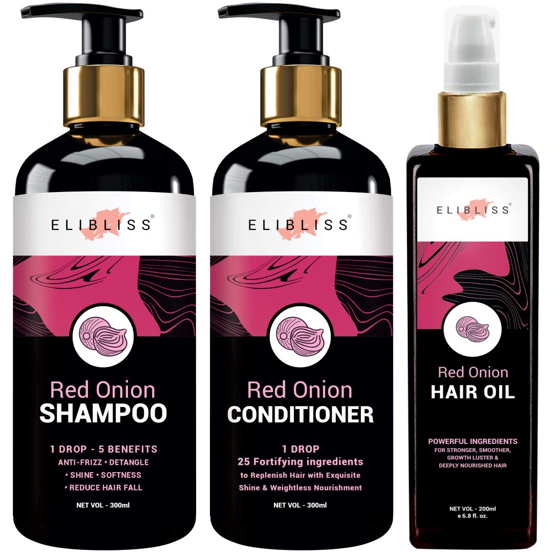 ELIBLISS Red Onion Shampoo, Conditioner & Hair Oil Set (300ml + 300ml + 200ml) - Natural Hair Growth Treatment for Thinning Hair, Damaged Hair & Scalp Care - Perfect for Daily Hair Care Routine & Salon-Quality Results at Home