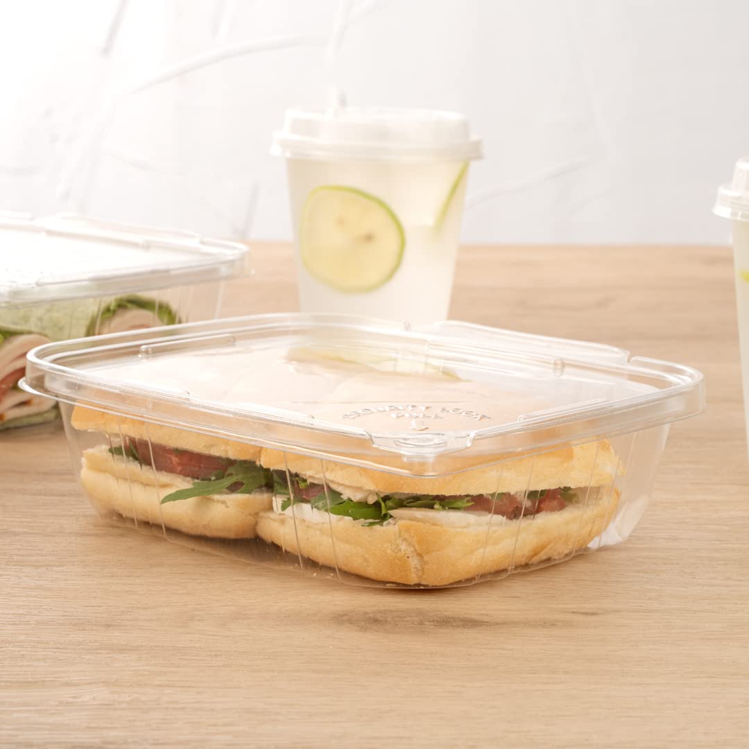 Restaurantware Tamper Tek 24oz (100 Pack) Clear Plastic Take Out Containers with Hinged Lid - Tamper-Evident, Freezable, Disposable Meal Prep Containers for Deli, Lunches, Catering & Food Storage