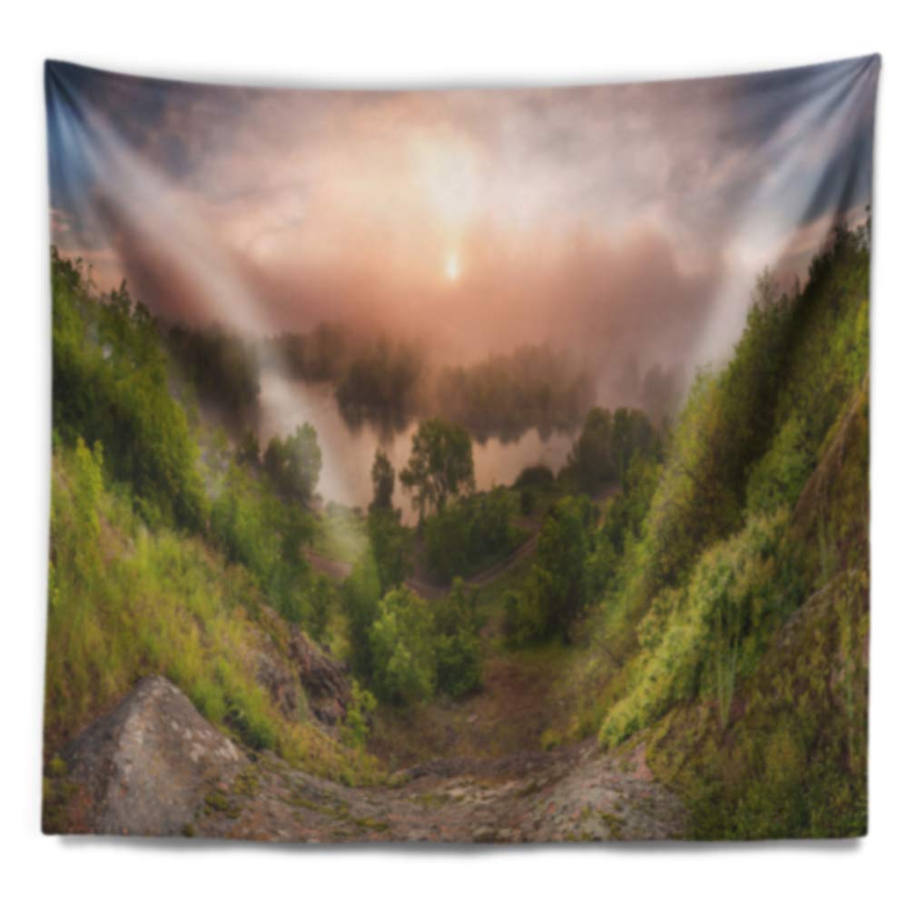 Designart 'Rising Above The River Mist' Landscape Photo Tapestry Blanket - Large 92x78 Inch Lightweight Polyester Wall Hanging Décor for Living Room, Bedroom & Office | Nature-Inspired Home Art & Cozy Throw Blanket