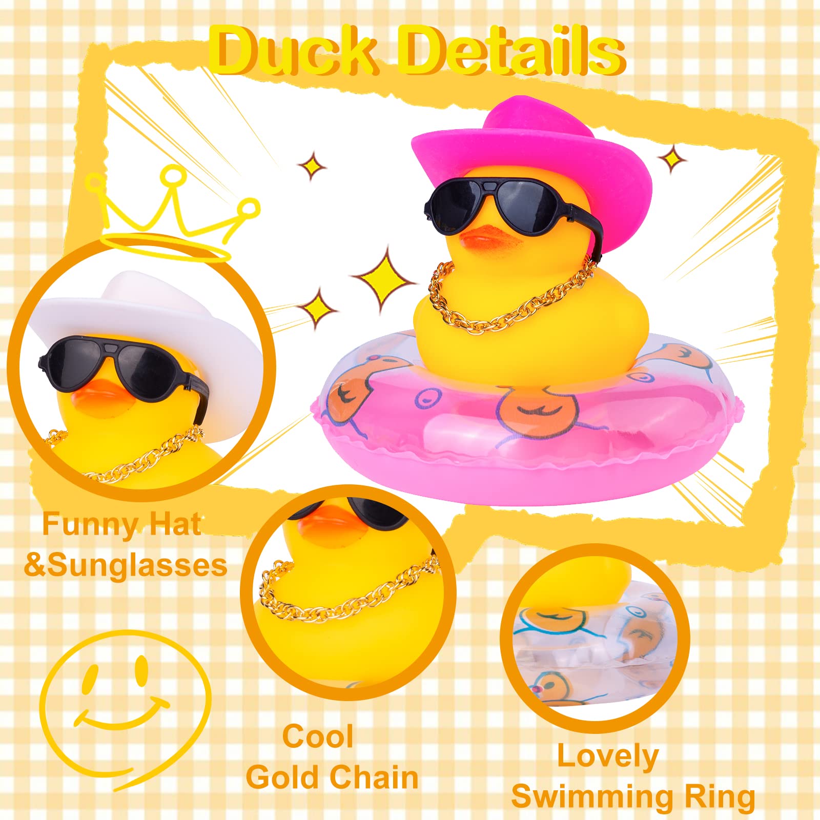 Funny Rubber Duck Car Dashboard Decorations - Cute Duck Ornaments with Mini Swim Ring, Sun Hat, Necklace & Sunglasses - Perfect for Car Accessories, Gifts, and Dashboard Decor