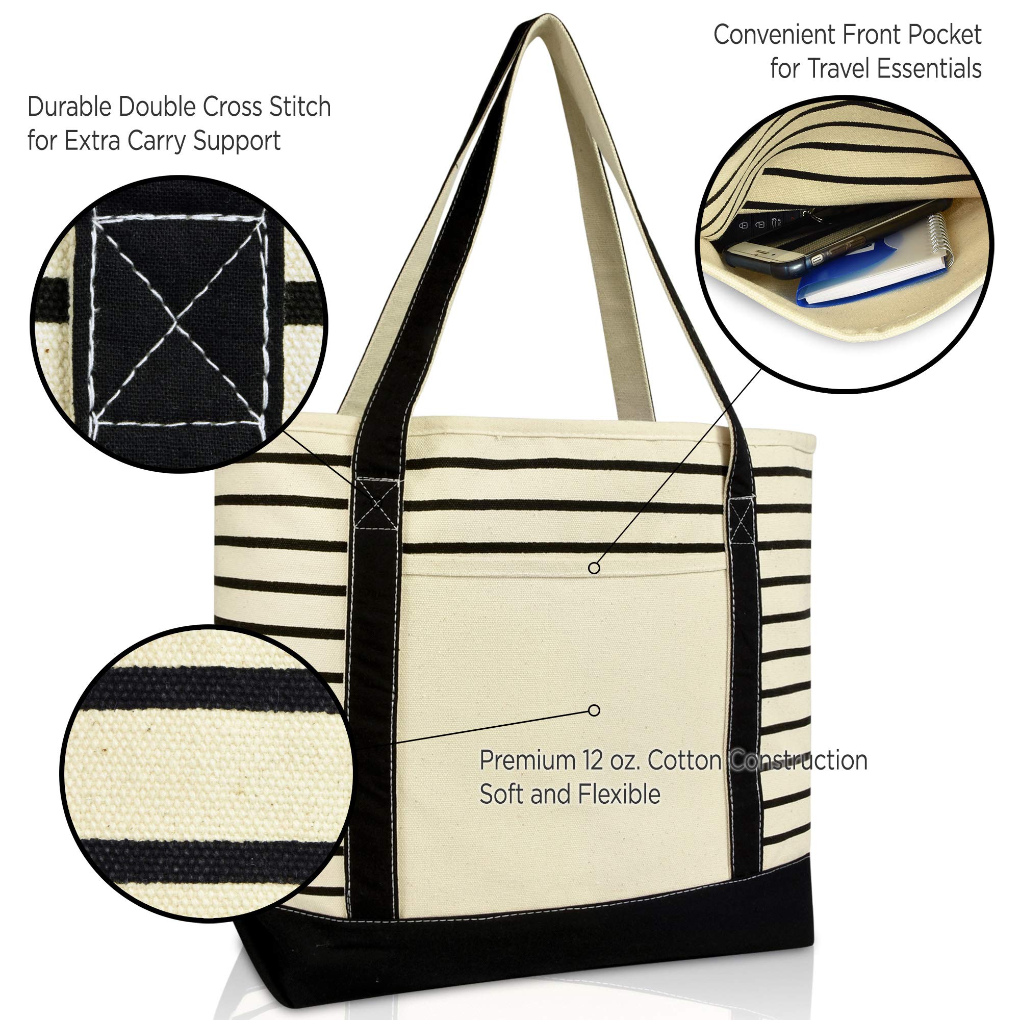 DALIX Medium Stripe Tote Bag - Deluxe Cotton Canvas Shoulder Bag for Women in Black | Perfect for Work, Travel & Everyday Use