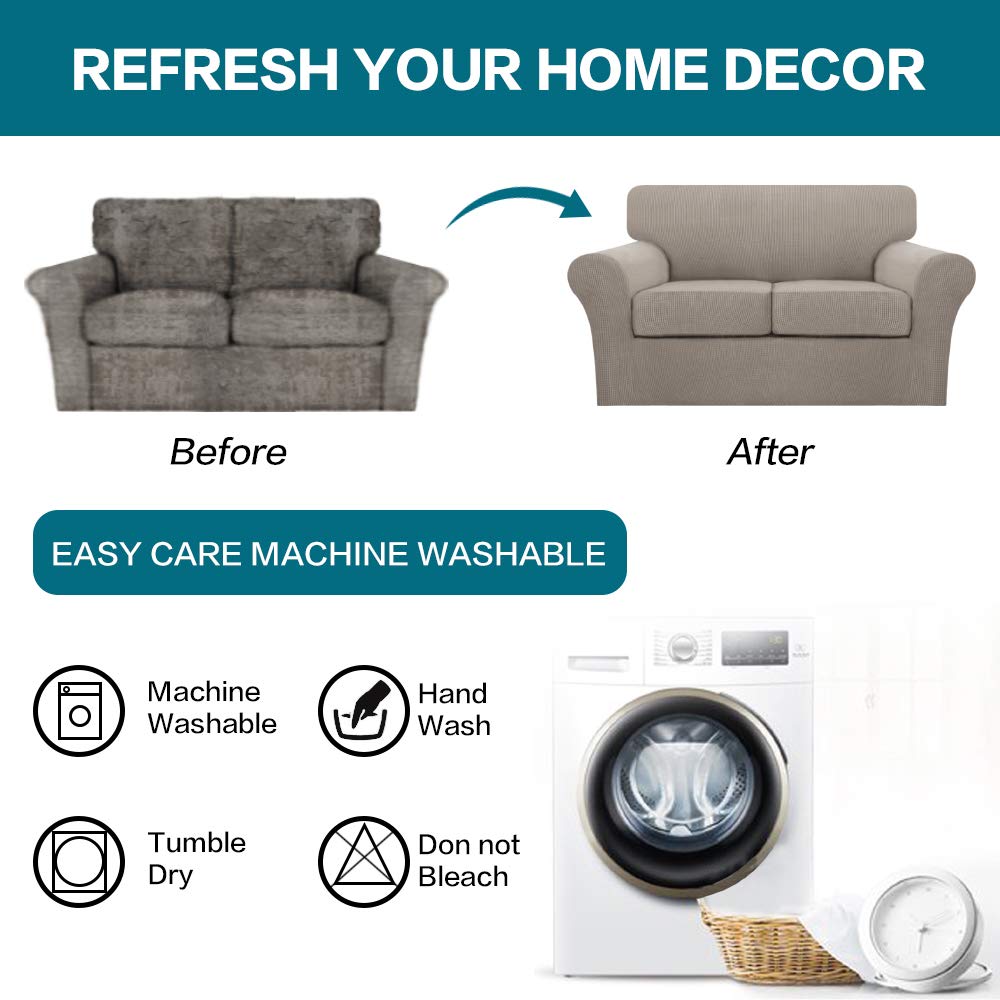 Turquoise 3-Piece Sofa Slipcover Set for 2-Cushion Loveseat - Soft, Washable Jacquard Fabric Couch Cover with 2 Individual Cushion Protectors - Pet-Friendly Furniture Cover for Dogs (Taupe) - Perfect for Living Rooms, Apartments & Pet Owners