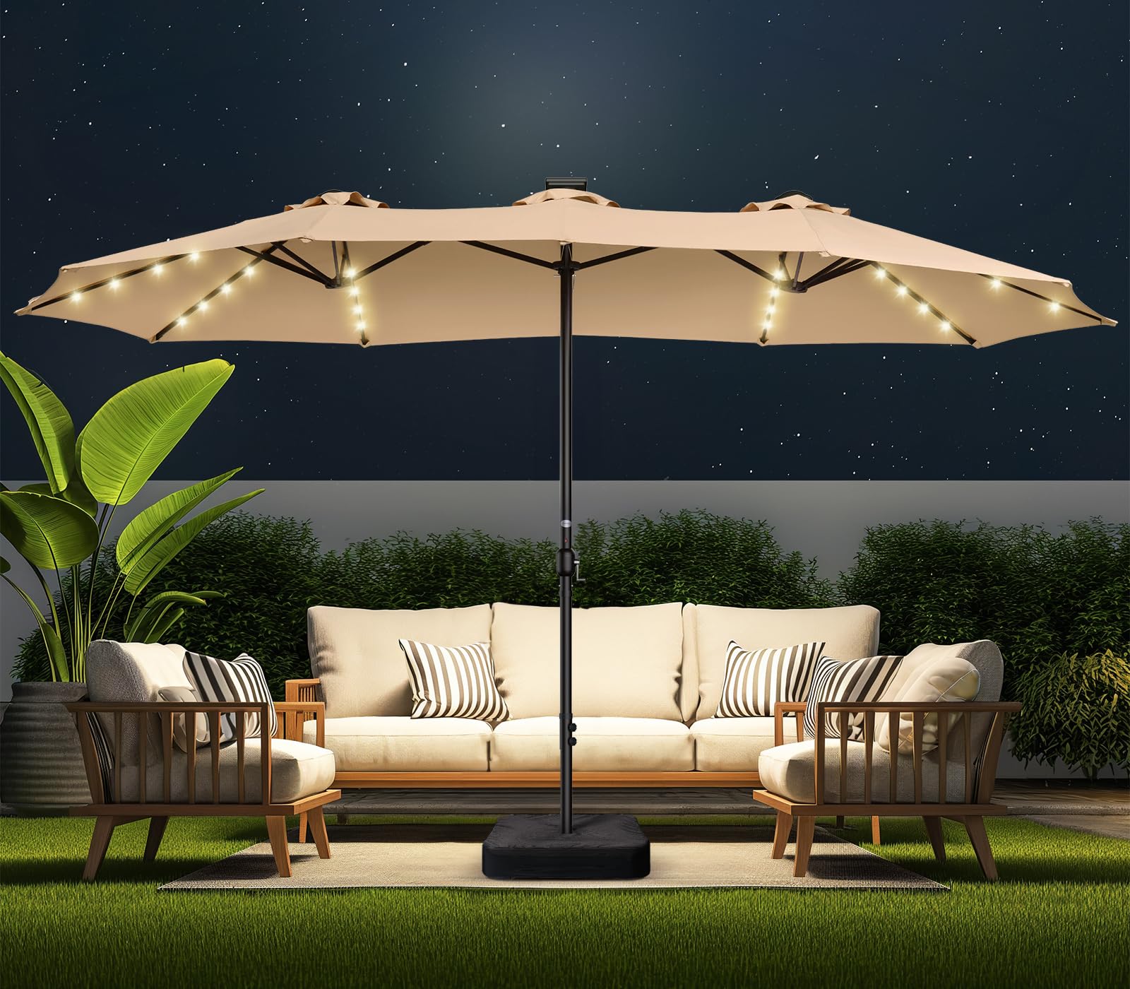 15ft Solar LED Double Sided Patio Umbrella with Base - Extra Large Outdoor Market Table Umbrella for Deck, Pool, Backyard - Perfect for Outdoor Dining, Lounging, and Entertaining (Beige)