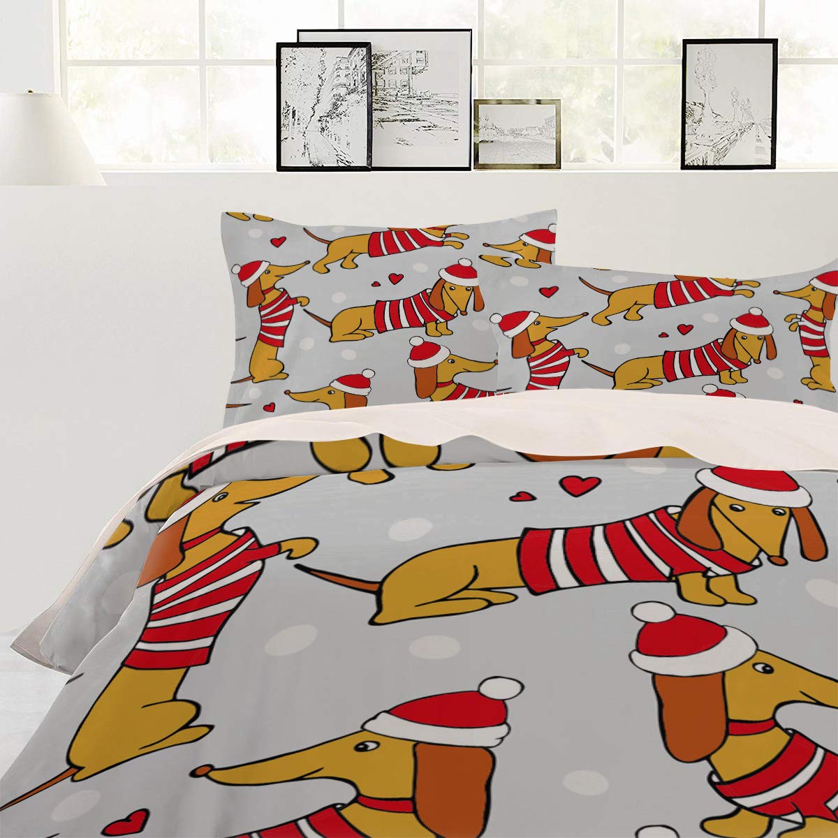 **Cartoon Sausage Dog Christmas Queen Comforter Set – 4-Piece Lightweight Microfiber Duvet Cover with Grey Dot Backdrop – Soft Bedding for Adults & Teens – Perfect for Winter & Holiday Decor**    *(Use Case: Cozy holiday-themed bedroom upgrade for Christmas, winter warmth, and playful pet-inspired decor.)*