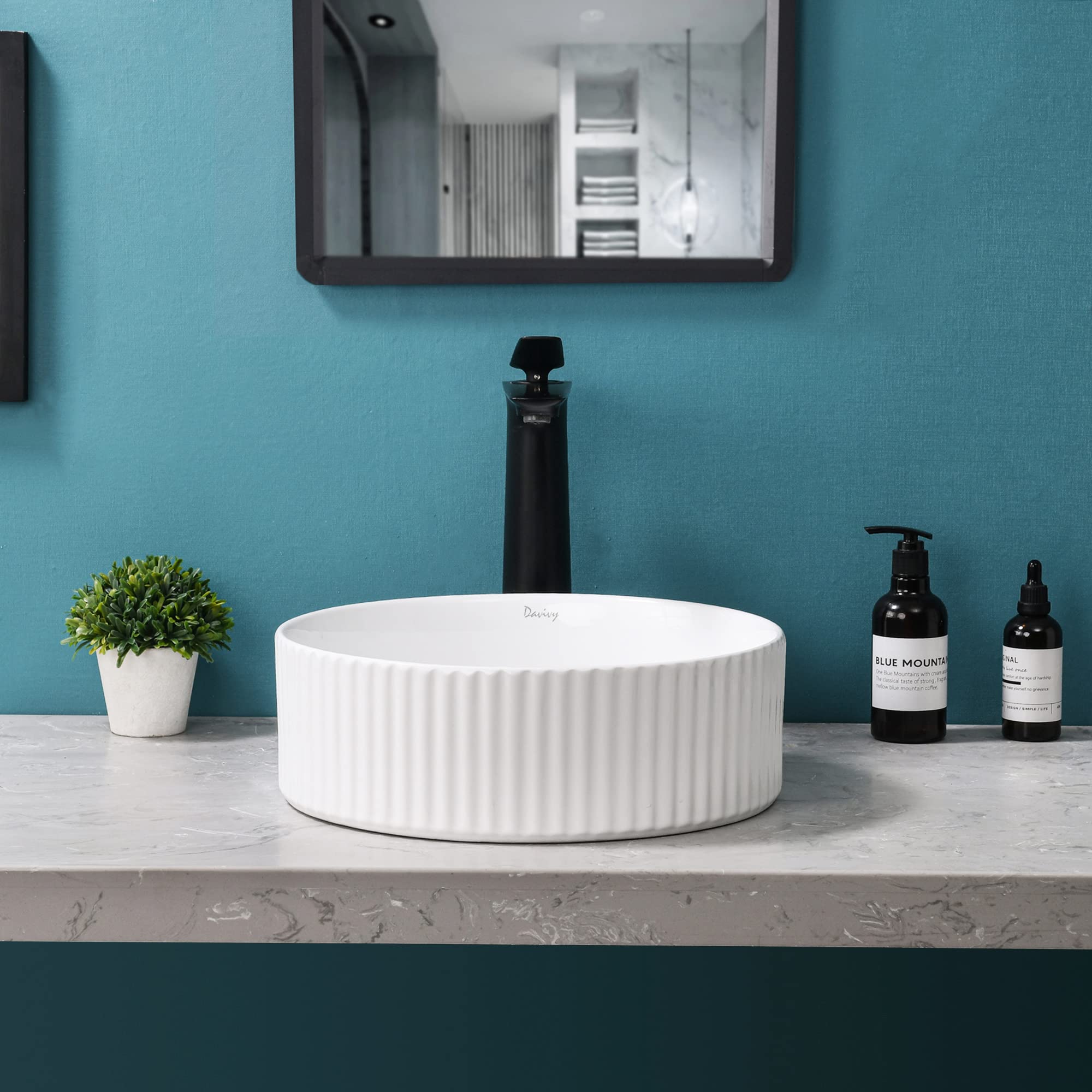 Davivy 14 Inch White Ceramic Round Vessel Sink with Pop-Up Drain - Modern Above Counter Bathroom Vanity Sink for Powder Rooms & Master Baths - Durable & Stylish Bathroom Upgrade