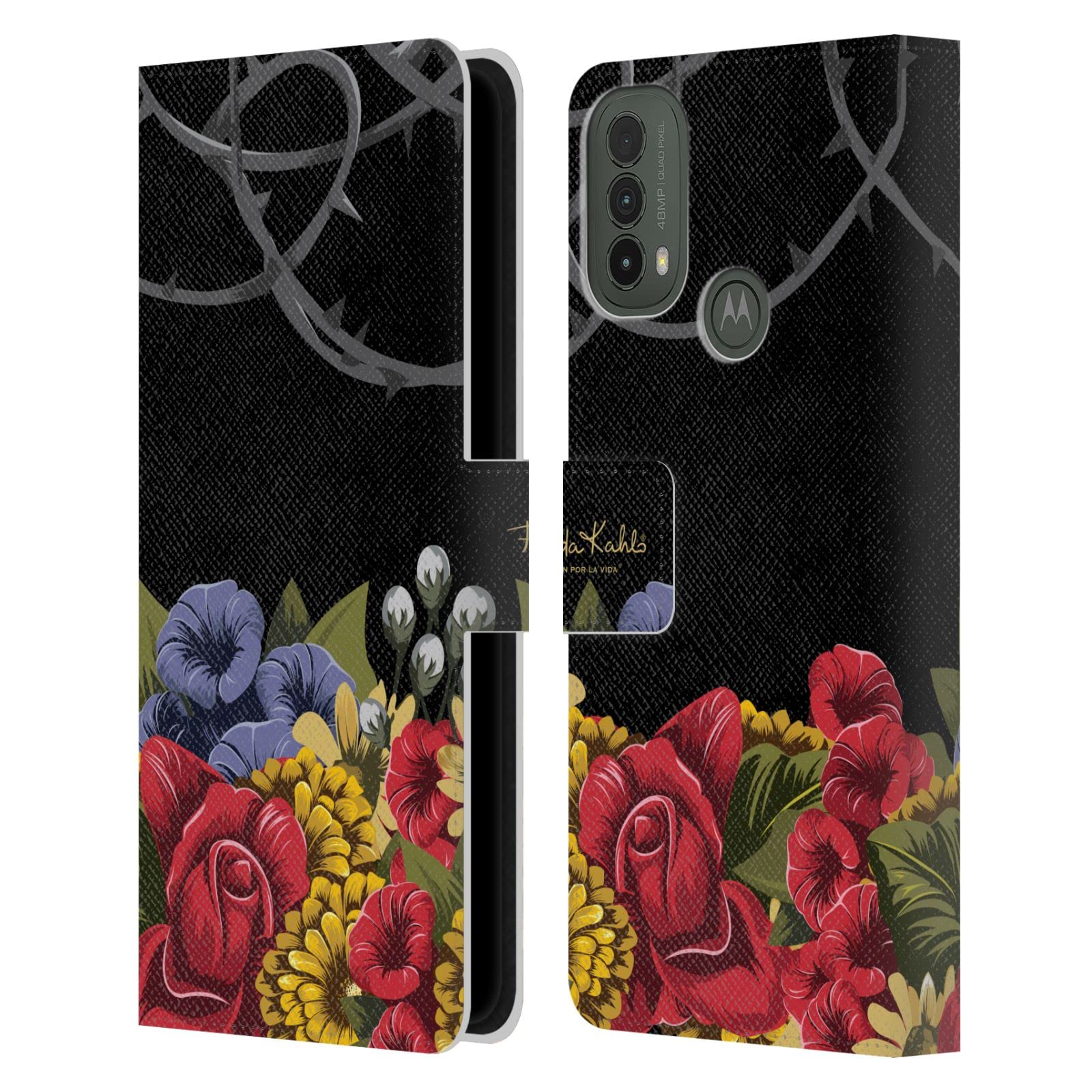 Officially Licensed Frida Kahlo Red Florals Leather Book Wallet Case for Motorola Moto E30/E40 - Stylish Phone Cover with Artistic Design for Everyday Use & Gift Giving
