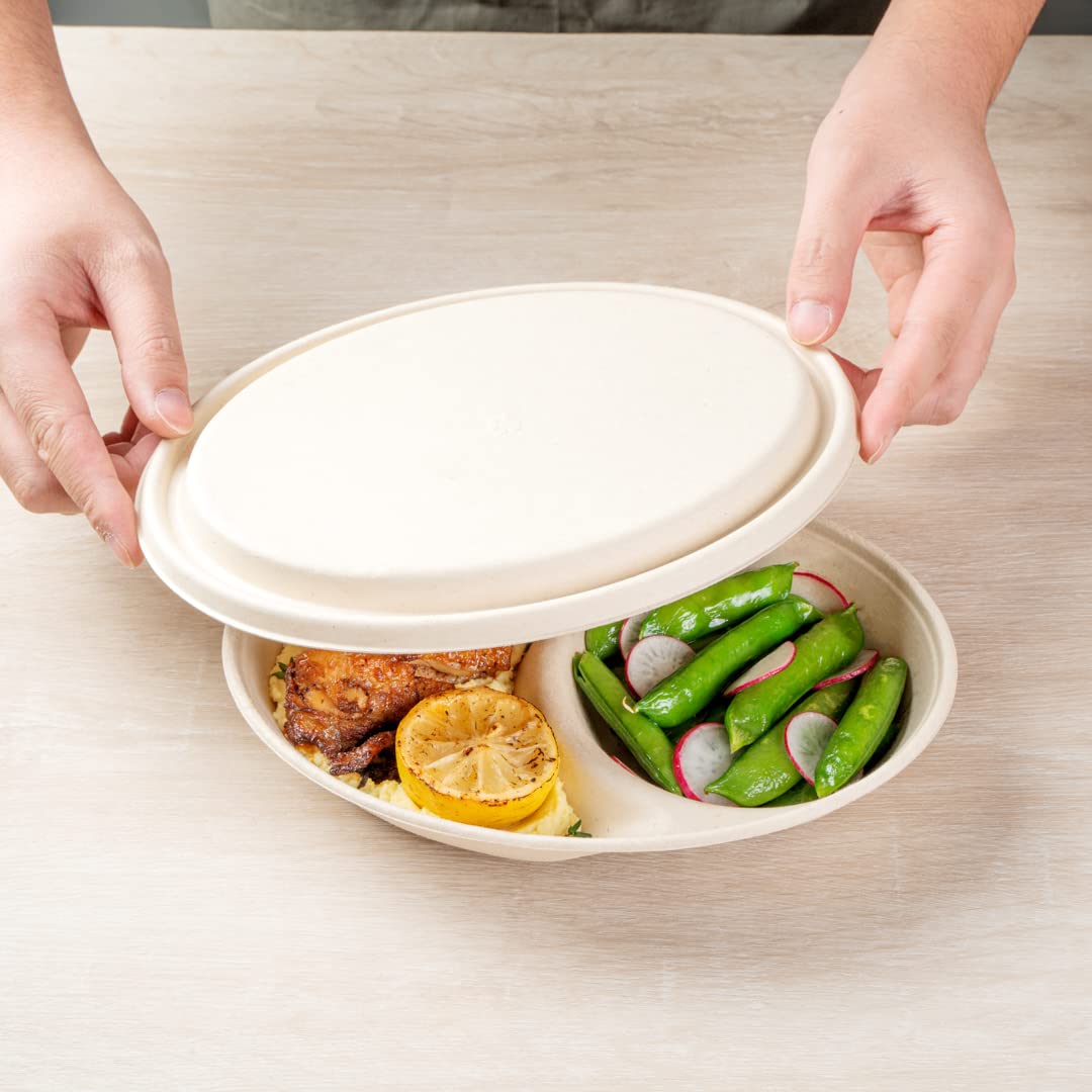 Eco-Friendly 100-Pack Oval Bagasse Lids for 21-OZ Sugarcane Bowls | Biodegradable & Compostable Disposable Lids | Perfect for Restaurants, Catering & Takeout Meals