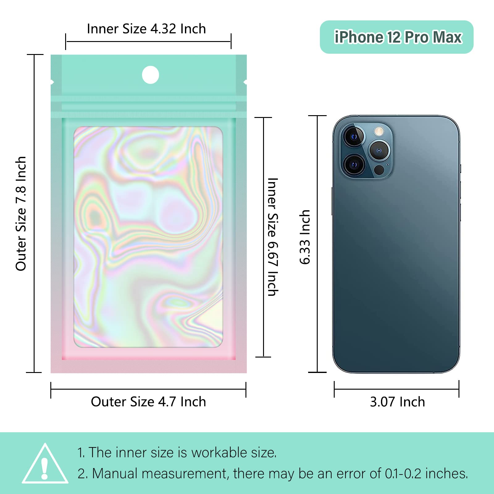 100-Pack Holographic Gradient Resealable Mylar Bags with Clear Window - 4.7x7.8 Inch Stand-Up Ziplock Pouches for Party Favors, Candy Packaging, Sample Storage & Retail Display (Green & Pink)