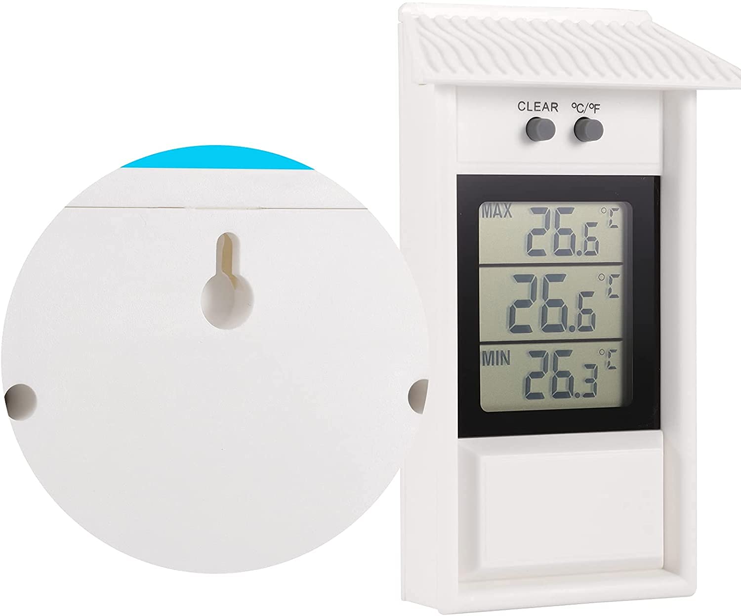 Digital Max Min Greenhouse Thermometer - Indoor/Outdoor Temperature Monitor with Hook & Hole Mounting for Home, Garden, Greenhouse - Tracks Maximum & Minimum Temperatures - Perfect for Plant Care, Seed Starting & Climate Control (White)