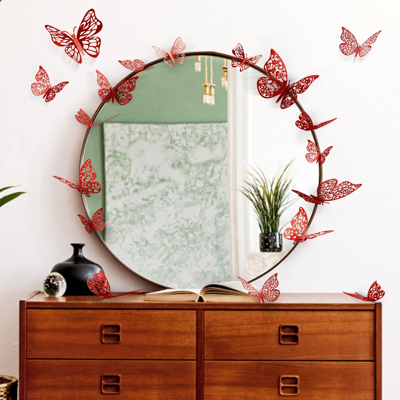 3D Butterfly Wall Decor - 72 Pcs 6 Styles in 3 Sizes - DIY Butterfly Party, Cake & Room Decorations - Perfect for Birthday, Nursery, Wedding & Kids Bedroom - Red
