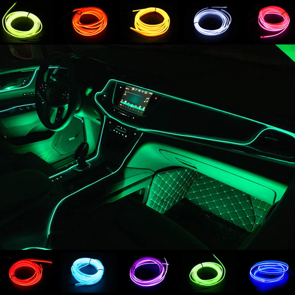 ABALDI 3m/9ft El Wire Neon Lights - Electroluminescent Car Interior Lighting Strip with Strobe Effect (Green) | Perfect for Car Decoration, Parties, and Night Driving