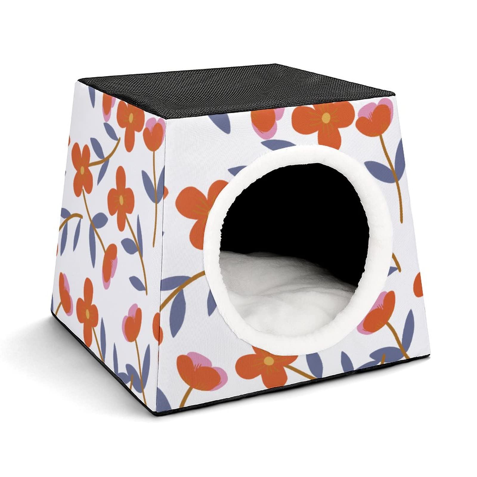 Printed Cat Cube Kitty House - Indoor Cat Bed & Small Dog Shelter, Warm & Cozy Pet Sofa with Red Flower Design | Perfect for Home Decor, Pet Nap Time & Cozy Winter Nights