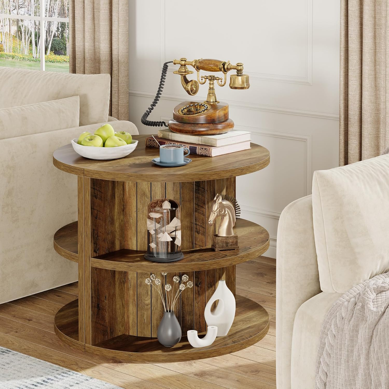 3 Tier End Table with Storage Shelves - Half Round Wooden Side Table for Living Room, Bedroom & Office - Compact Space-Saving Furniture for Small Apartments