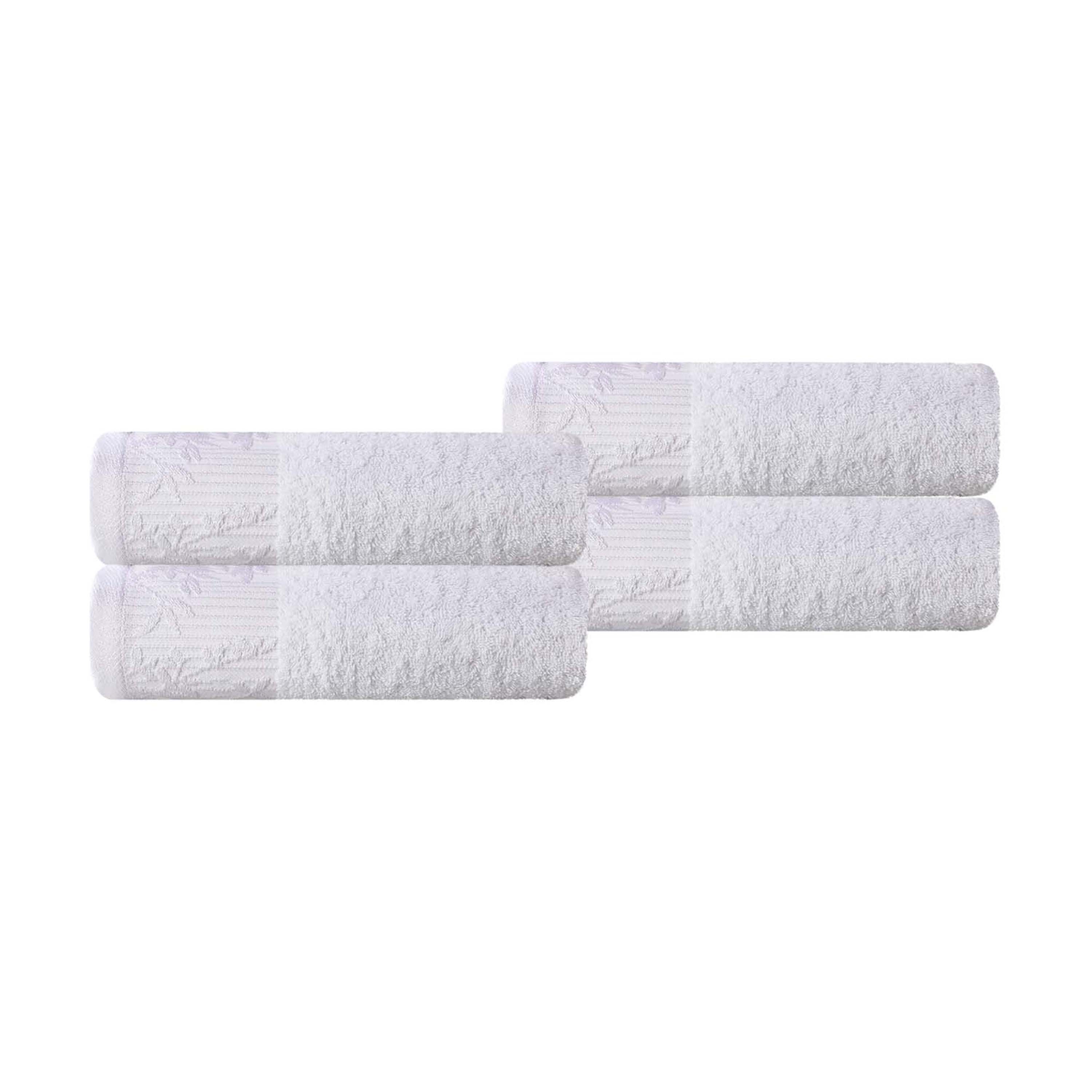 Premium Wisteria Cotton Floral Embroidered Jacquard Border Hand Towels - Set of 4 for Bathroom, Kitchen & Guest Room Decor | Soft & Absorbent Luxury Towel Set