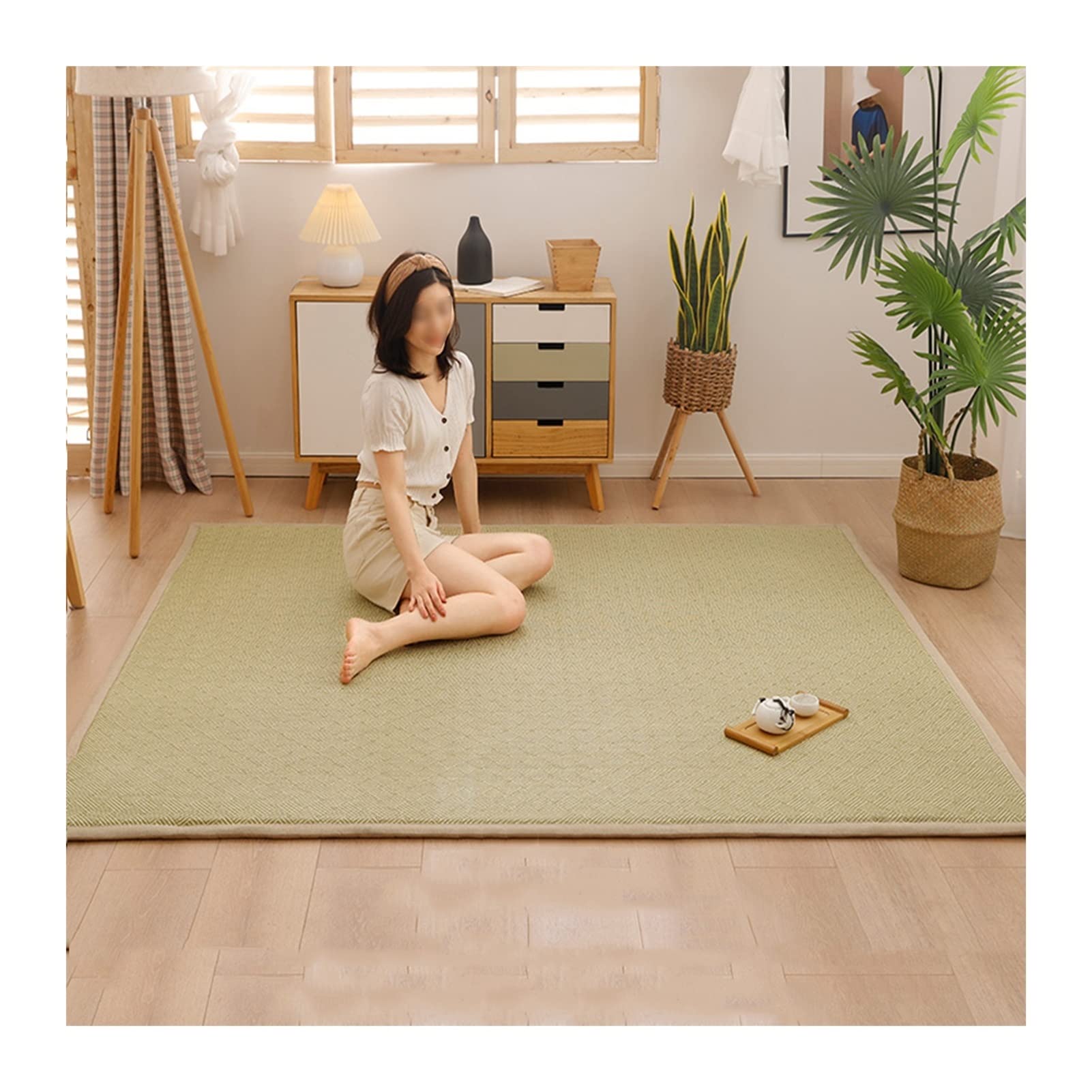 KKCF Natural Fiber Carpet - Double-Sided Rattan Woven Pad for Home Decor, 2cm Thick Japanese-Style Summer Floor Mat for Kids Play Area & Crawling Space - Easy Storage Green Rug (150x200cm) - Perfect for Nursery, Living Room & Outdoor Picnics