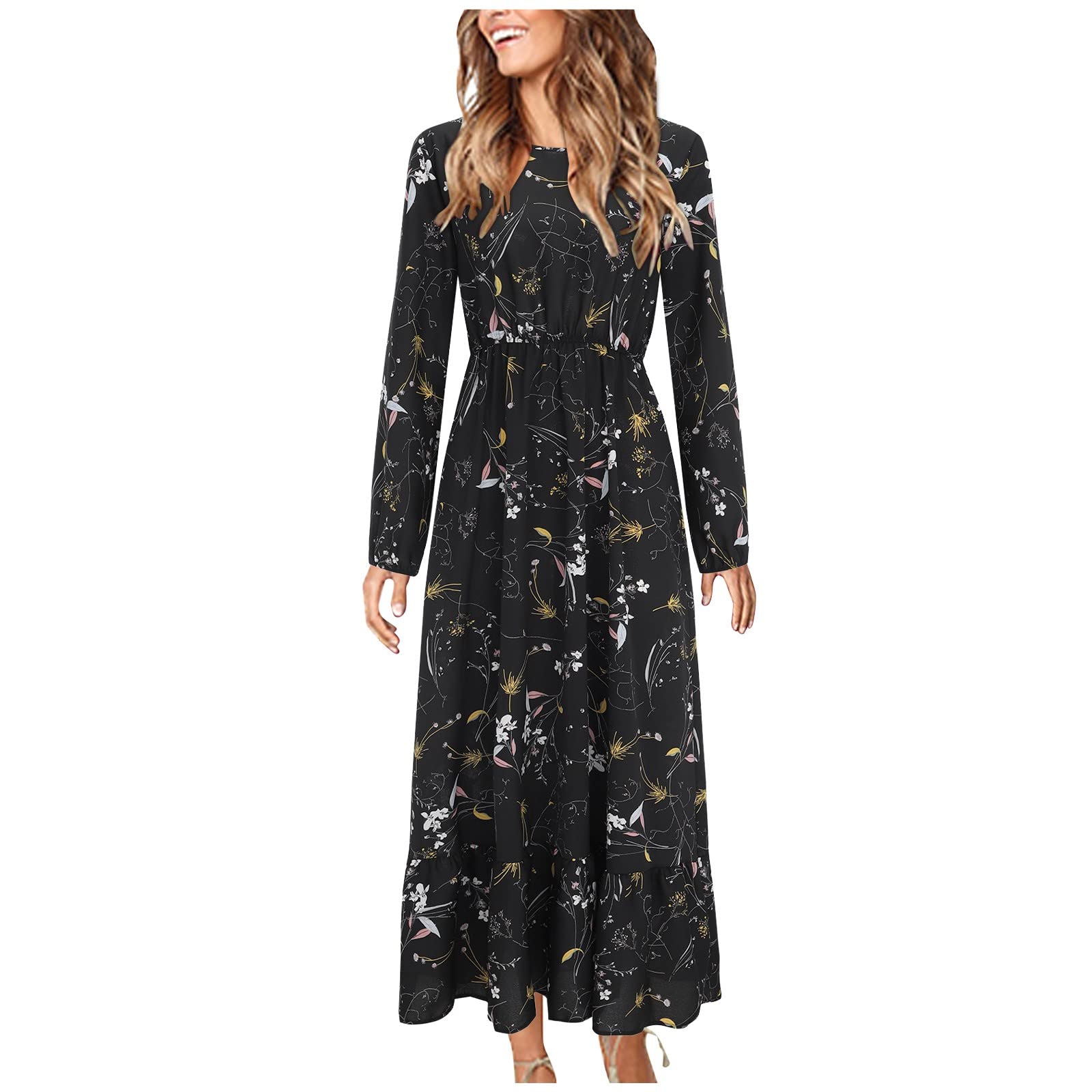 Elegant Women's Long Sleeve Floral Print Casual Dress with Ruffle Hem & Deep V Neck - Perfect for Office, Party & Special Occasions