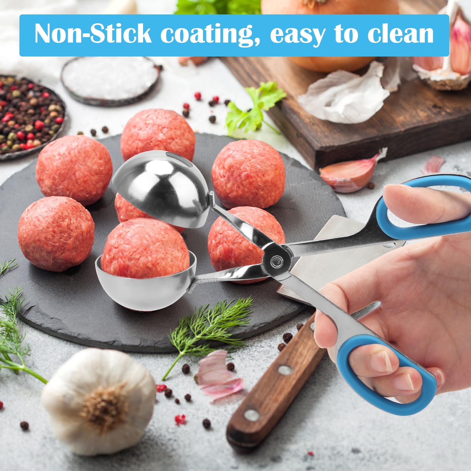 AHIER 2-Piece Non-Stick Meatball Maker Scoop with Detachable Anti-Slip Handles, Stainless Steel Meat Baller & Cake Pop Scoop (1.38