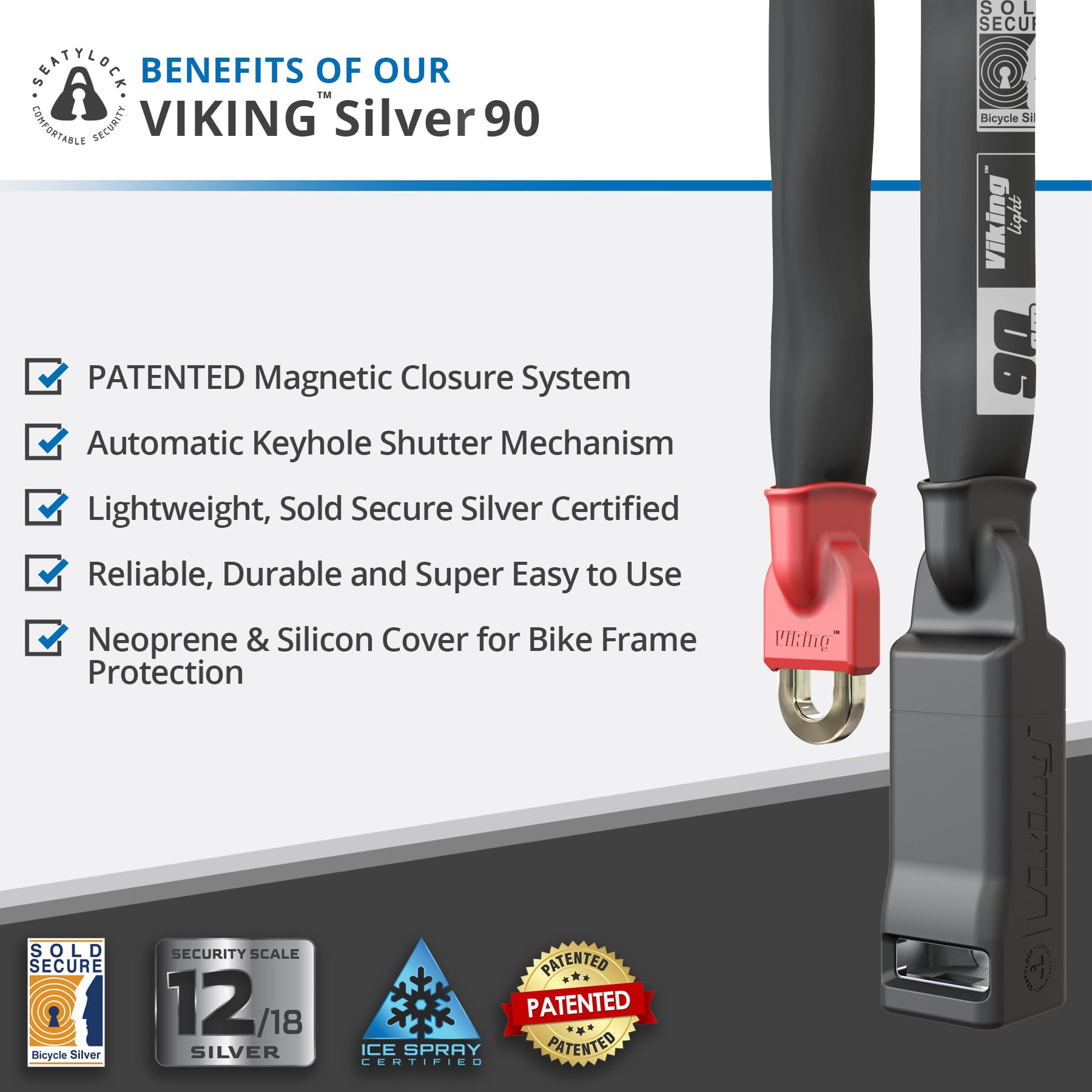 **Seatylock Viking Bike Lock Chain with Key - Patented Anti-Theft Bicycle Lock Sold Secure Silver - Heavy Duty Bike Chain Lock for Mountain, City & Electric Bikes (35.5 Inch) - Secure Parking, Commuting & Outdoor Adventures**