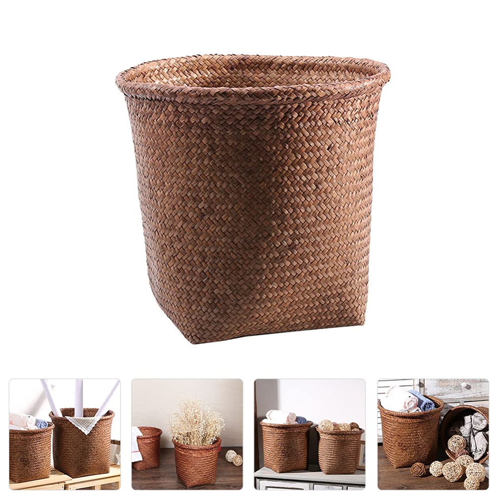 PATKAW Round Woven Waste Basket - 1PC Straw Wicker Trash Can for Office, Laundry Room & Home Decor | Eco-Friendly Storage Bin for Plants, Waste Paper & Clothing | Perfect for Farmhouse, Boho & Coastal Style Decor