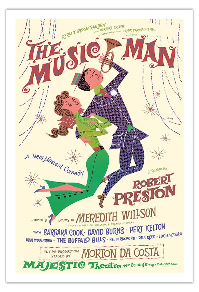 Vintage 1957 The Music Man Broadway Theater Poster by David Klein - Starring Robert Preston - Majestic Theater Reproduction - Fine Art Matte Paper Print 30x44 Inches (Unframed) - Perfect for Home Decor, Theater Lovers & Vintage Collectors