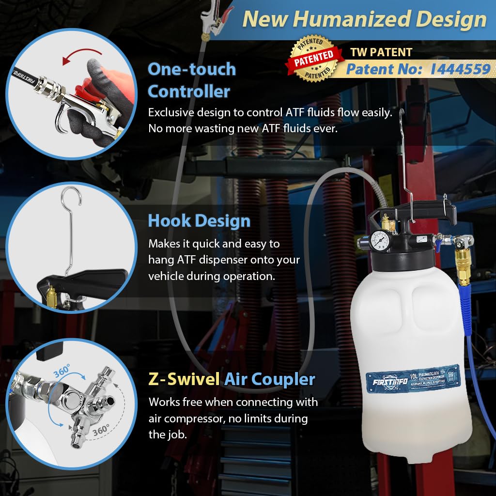 FIRSTINFO Patented 10L 22-Piece ATF Filler Adapter Kit with Pneumatic Transmission Fluid Pump - Includes Hanging Hook, 360° Swivel Air Inlet & Spring Hose - Perfect for Auto Repair Shops & DIY Transmission Fluid Changes
