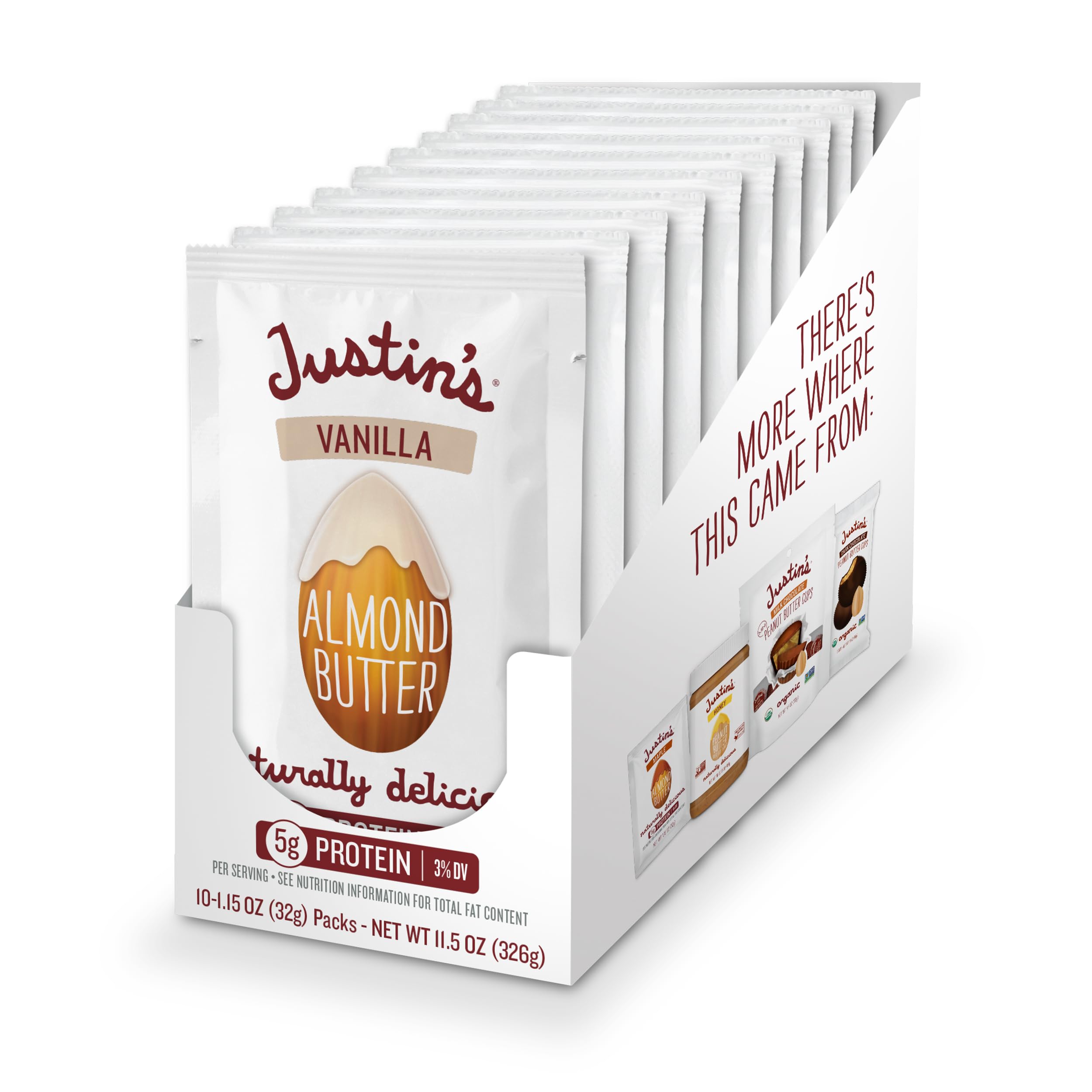 Justin's Gluten-Free Vanilla Almond Butter Squeeze Packs, 1.15 oz (10 Pack) | Healthy Snack for On-the-Go, Hiking, Lunch Boxes & Keto Diet
