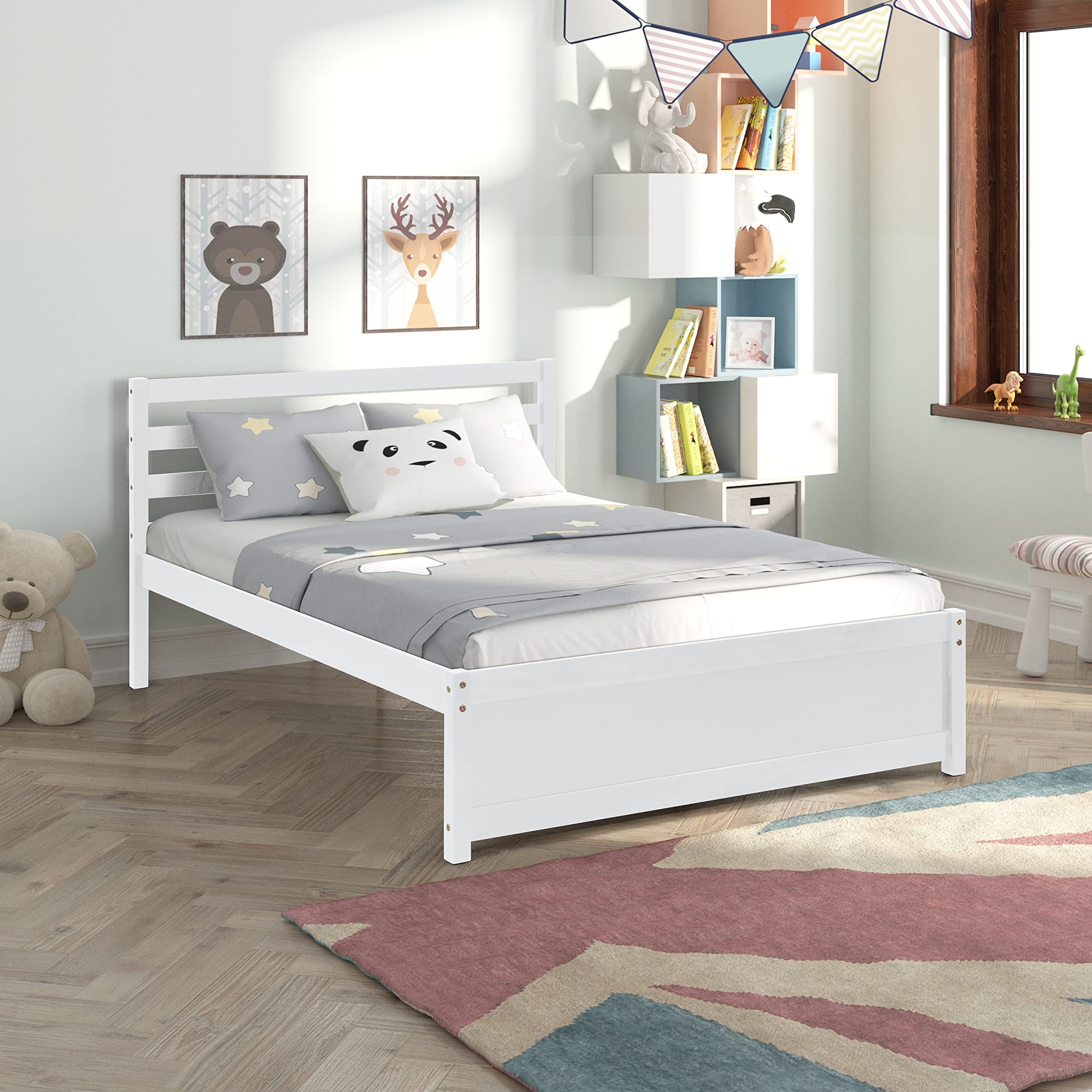 Rophefx Full Size Platform Bed with Headboard - Solid Wood Bed Frame with Wood Slat Support, No Box Spring Needed - White - Perfect for Modern Bedrooms & Guest Rooms