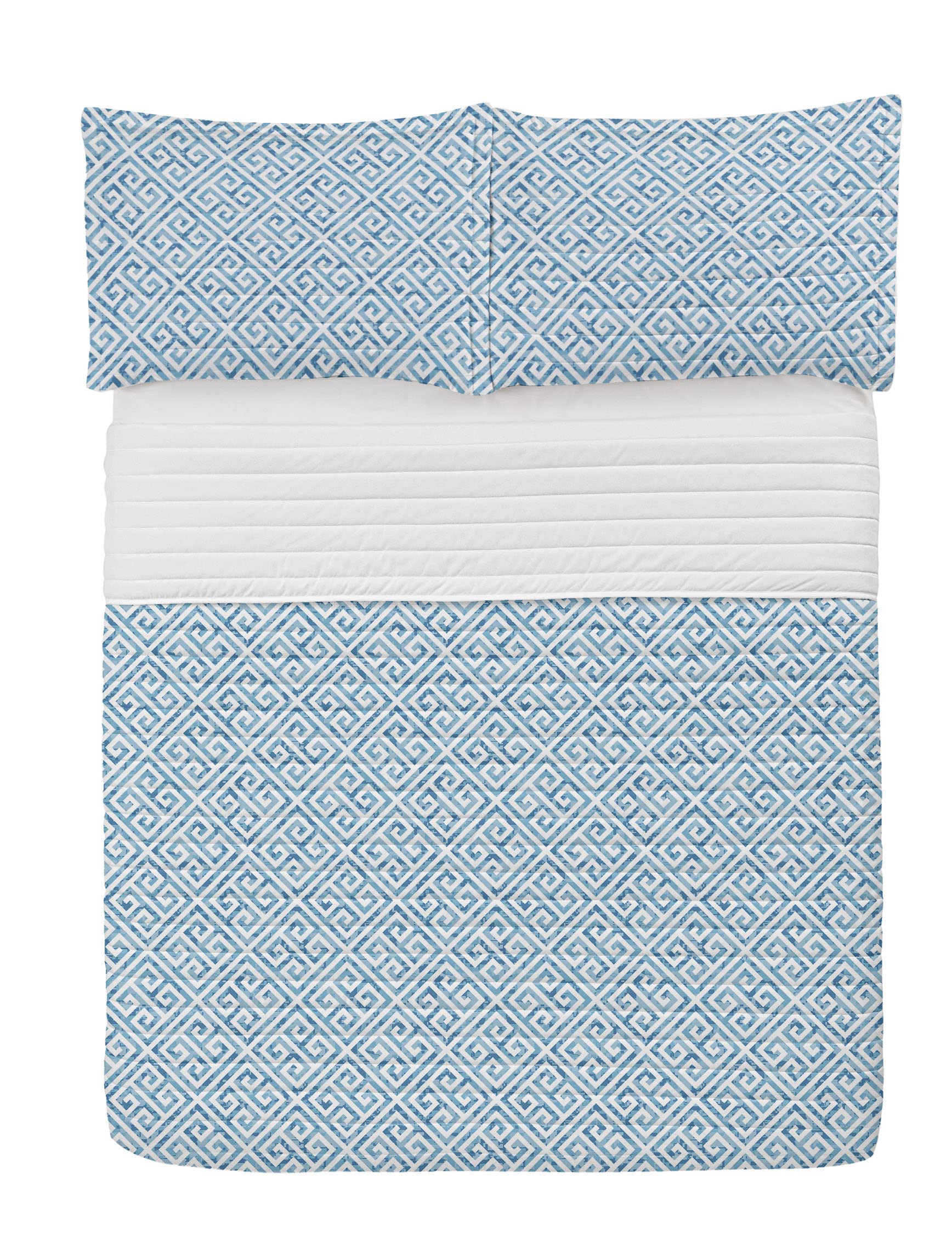 Ambesonne Geometric Microfiber Bedspread Set - Queen Size Tile Mosaic Pattern in Antique Meander & Camo Print, Soft Bedding Comforter with Pillow Shams, Pale Blue & White | Modern Bedroom Decor for Guest Rooms & Master Suites