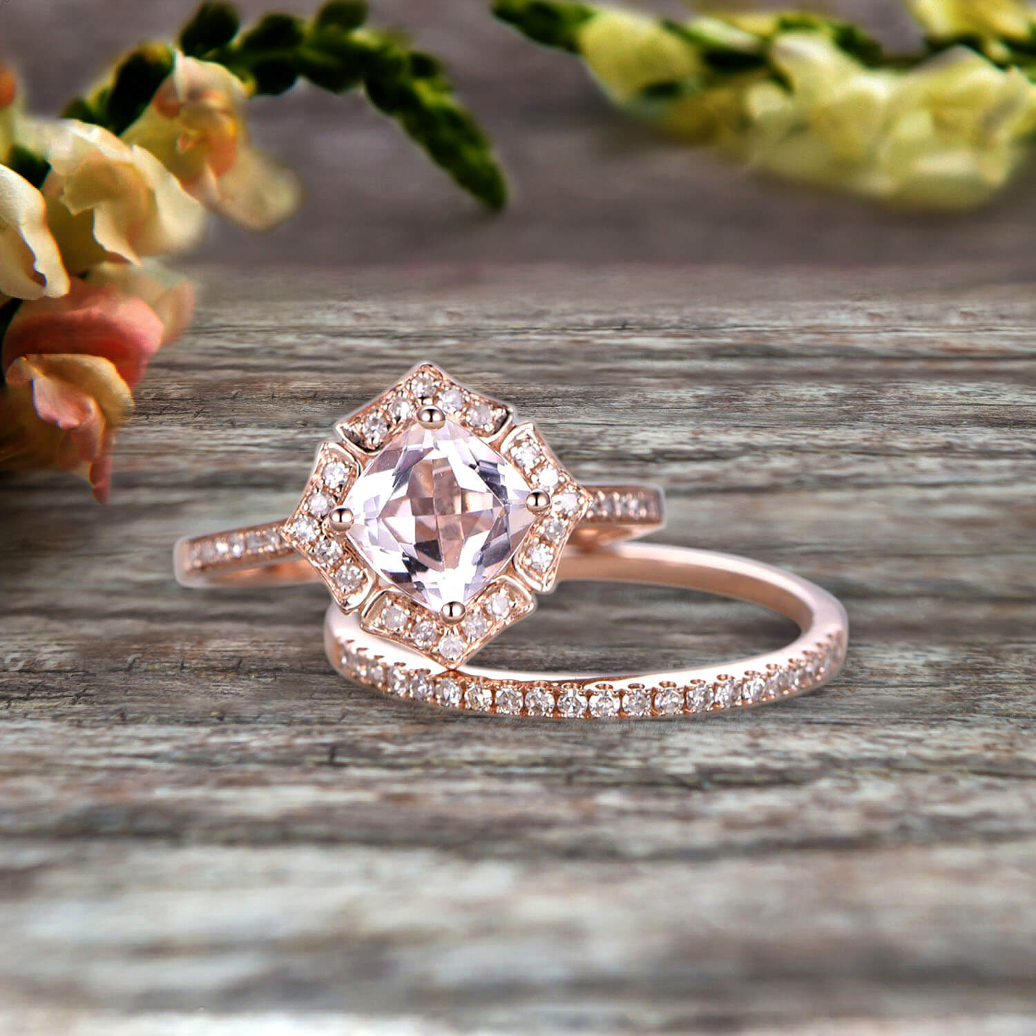 1.75 Carat Cushion Cut Morganite Bridal Set - 10k Rose Gold Vintage Engagement Ring with Art Deco Flower Halo Design - Perfect for Weddings, Anniversaries & Romantic Gifts
