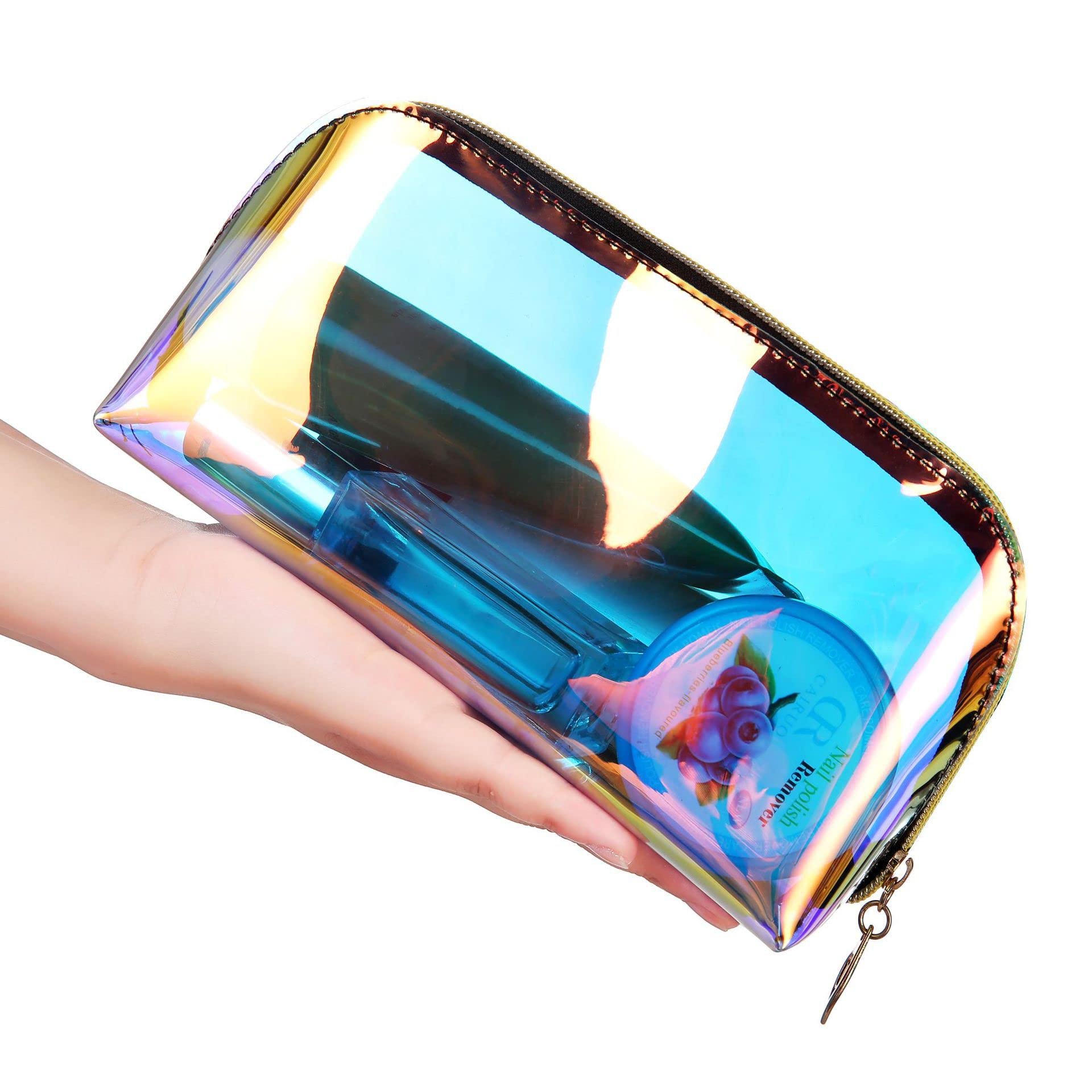 GELIMY 2PCS Set Transparent Waterproof Holographic Cosmetic Bags - Makeup Organizer, Toiletry Bag & Pencil Case - Portable Travel Essentials for Women (2 Sizes) | Perfect for Travel, Gym & Daily Beauty Storage