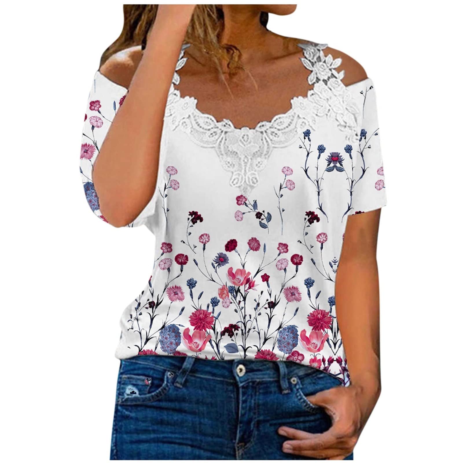 Stylish Women's Summer Tops - Fashionable Casual Printed Blouse with Lace Detail Short Sleeve T-Shirt | Perfect for Beach Outings, Vacation Wear & Summer Fashion