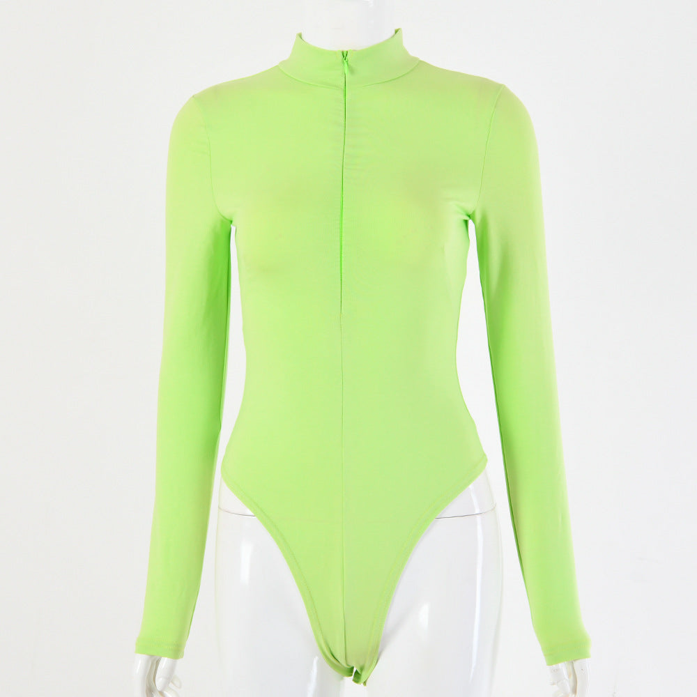 2025 Hot Selling Women's Sexy Solid Color Cotton Long Sleeve Zipper Onesie - Autumn Winter Tight Round Neck Jumpsuit for Party, Club & Date Night Outfits