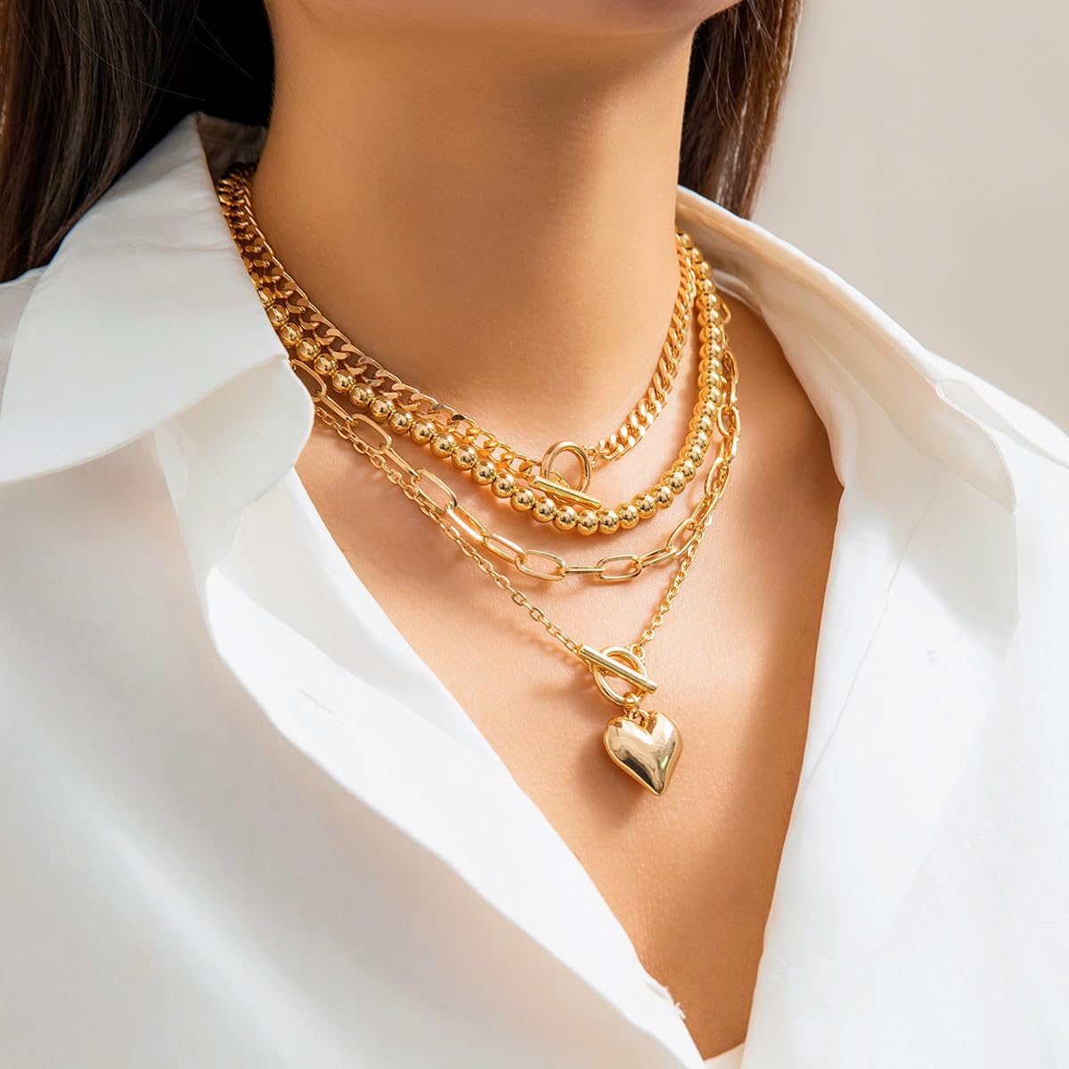 4pcs Layered Gold Necklaces for Women - Chunky Herringbone & Paperclip Chain Necklace Set with Retro Coin Medallion Pendant | Trendy Jewelry Gift for Teen Girls, Mothers Day & Everyday Wear