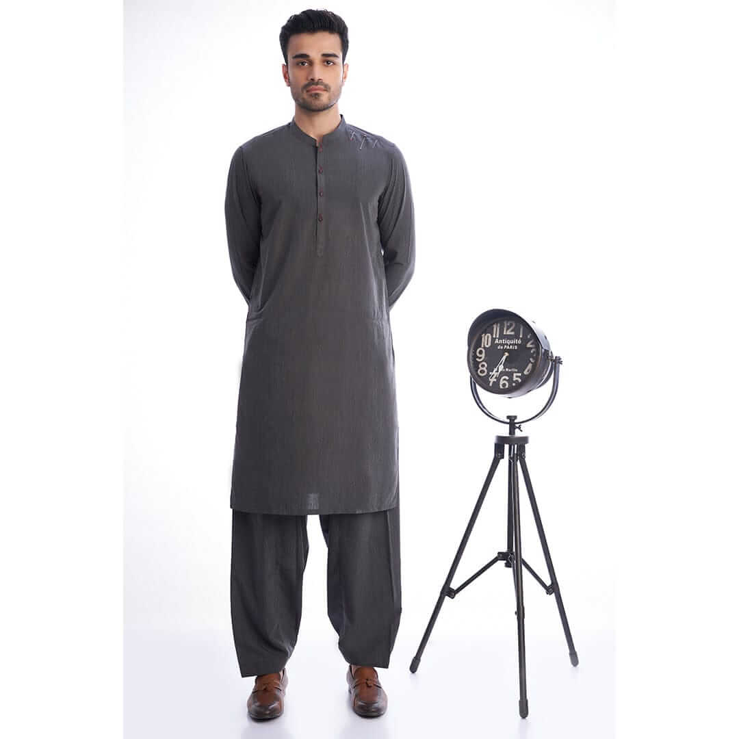 Elegant Dark Grey Textured Shalwar Kameez - Traditional Pakistani Outfit for Men - Perfect for Weddings, Festivals & Special Occasions