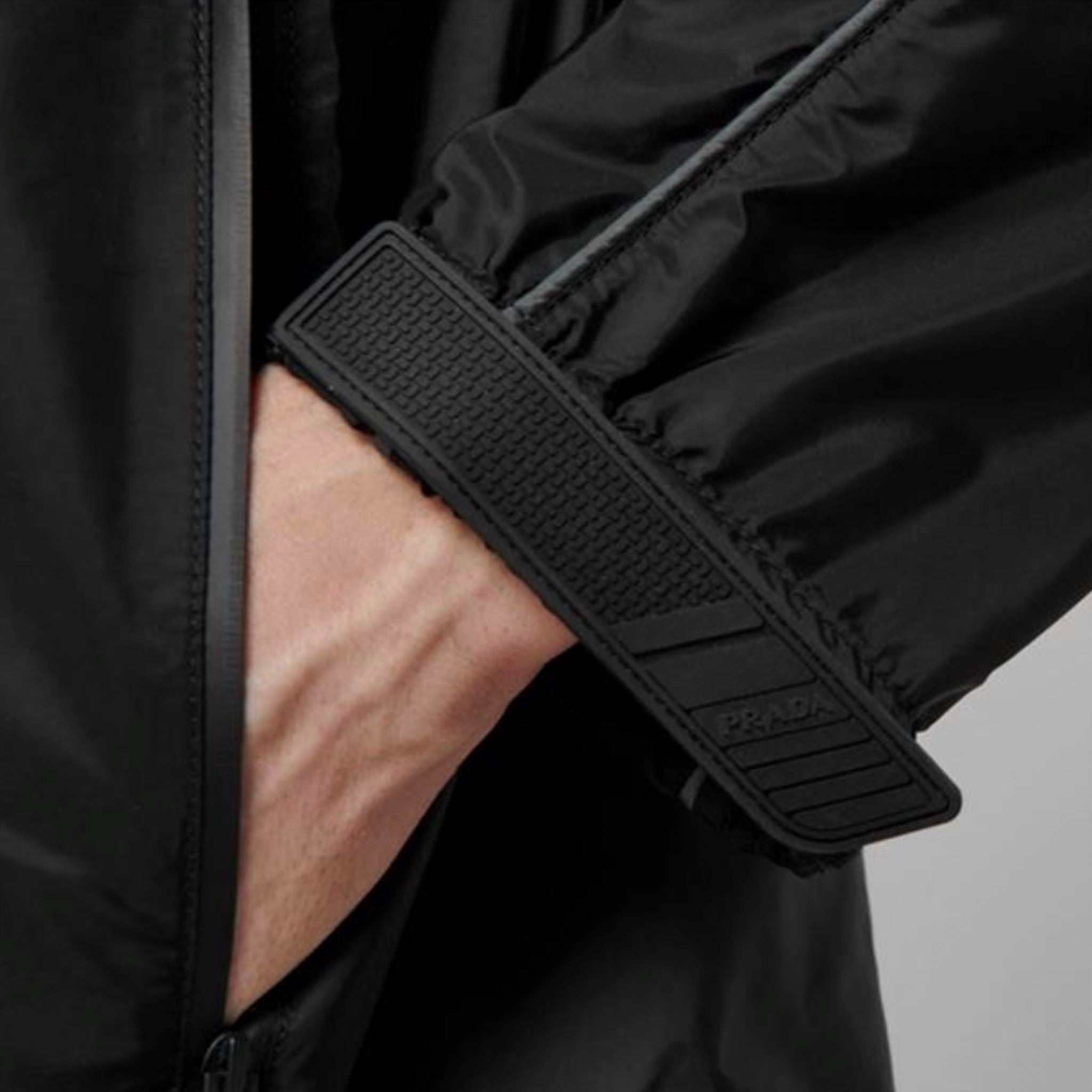 Prada Black Nylon Concealed Hood Jacket for Men - Lightweight Waterproof Windbreaker for Outdoor Travel & Urban Fashion