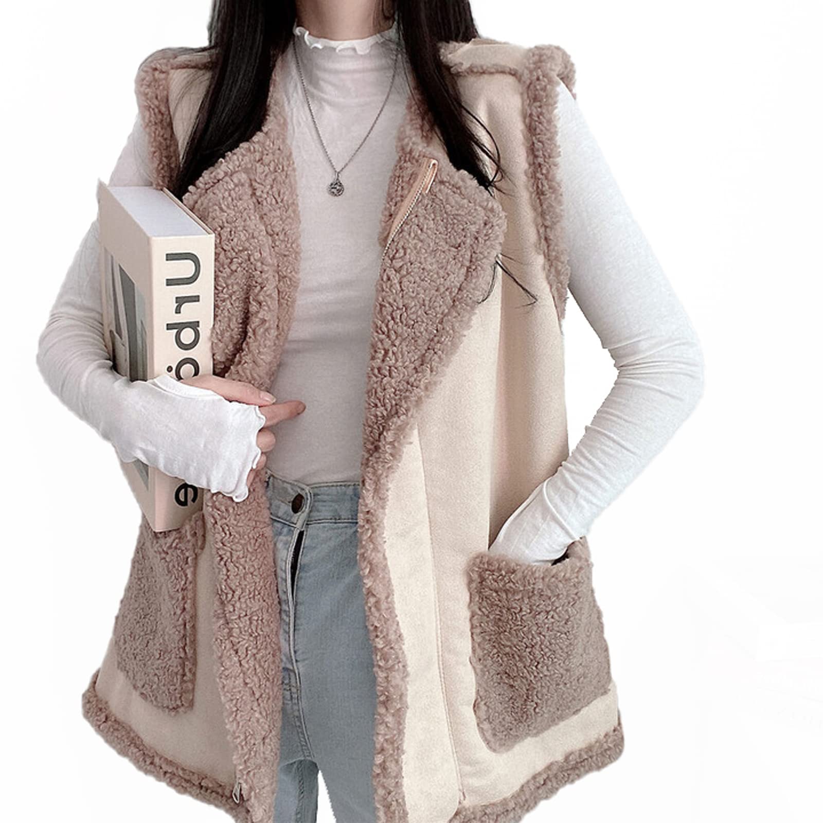 Women's Sherpa Suede Vest - Fleece Lapel Collar Sleeveless Cardigan Jacket for Casual Wear | Perfect for Fall, Winter & Outdoor Activities
