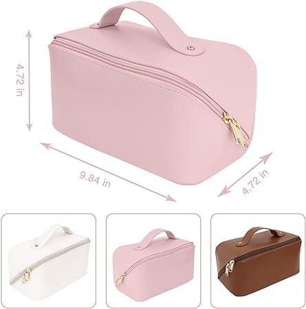 KEYMAX 12cm Large Capacity Cosmetic Travel Bag for Women - Portable Leather Makeup Organizer with Handle & Divider - Wide Opening Makeup Storage Bag (Light Pink) - Perfect for Travel, Gym & Daily Cosmetics Organization