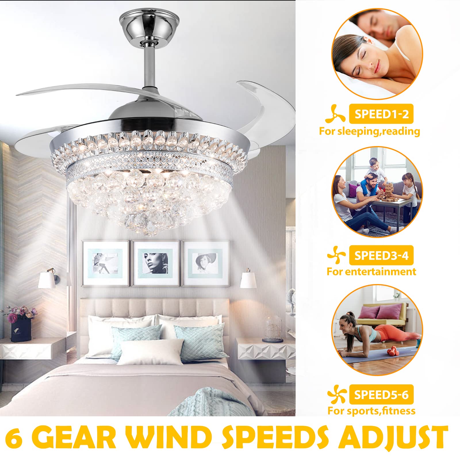 42 Inch Modern Crystal Ceiling Fan with Light & Remote Control - Dimmable Chandelier Fan, 6 Speed Settings, 4 Retractable ABS Blades - Perfect for Bedroom, Living Room, Dining Room & Home Office Decor